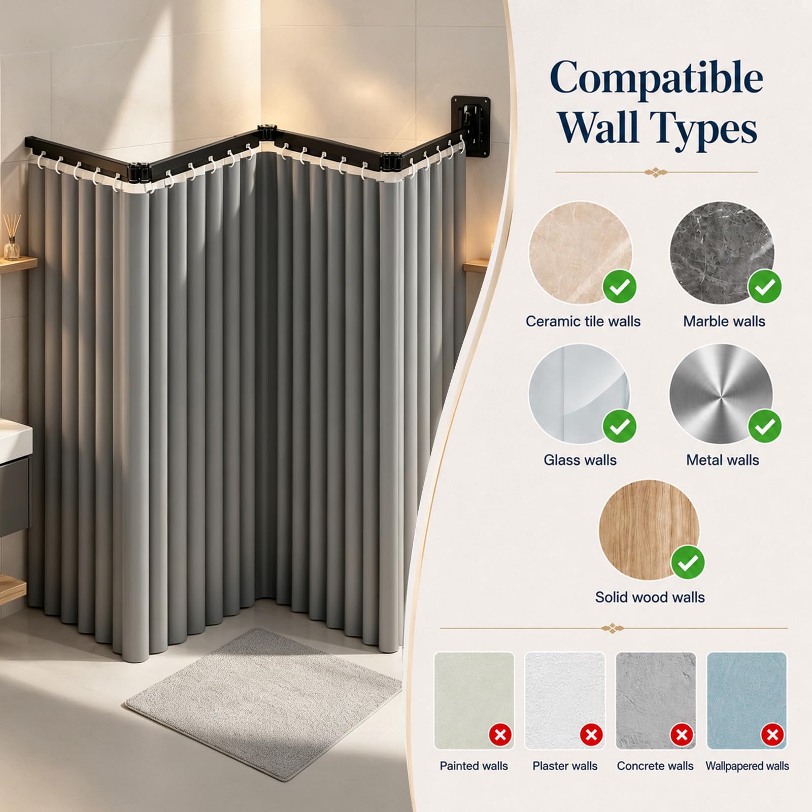 Tenda doccia senza forare, asta pieghevole con ventose, forma L e U, 120 cm, design pieghevole in 4 parti, per doccia angolare, vasca da bagno, camper