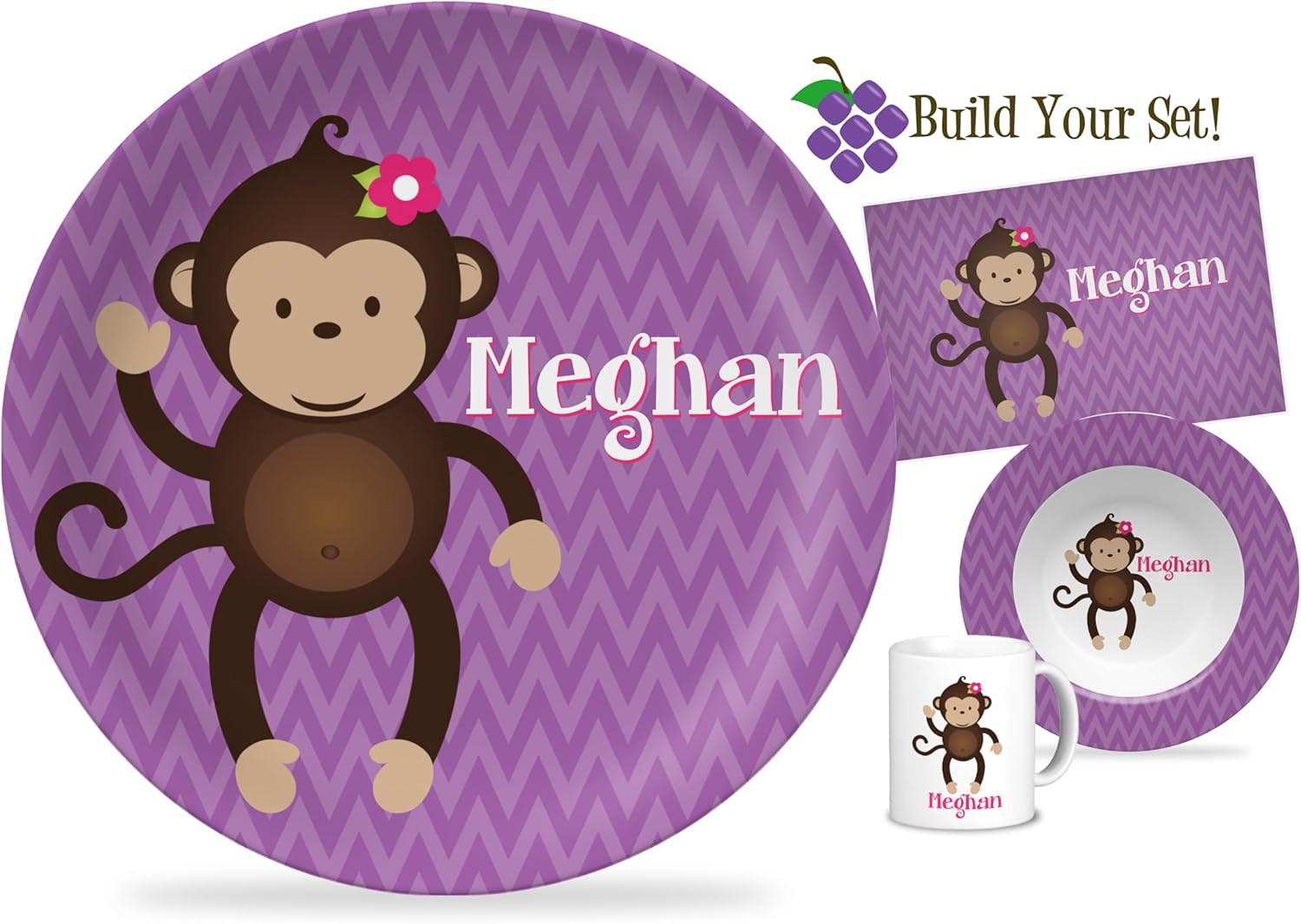 Personalized Monkey Plate - Purple Cute LIttle Girl Monkey Animal Dinnerware - Custom Name Gift Set for Kids