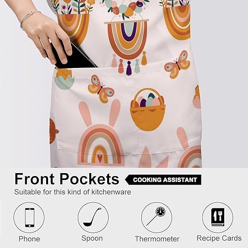 Miniatura 5 de Delantal de chef floral de dibujos animados con bolsillos, colorido y lindo animal, búho, zorro, ciervo, flores, hojas para cocina