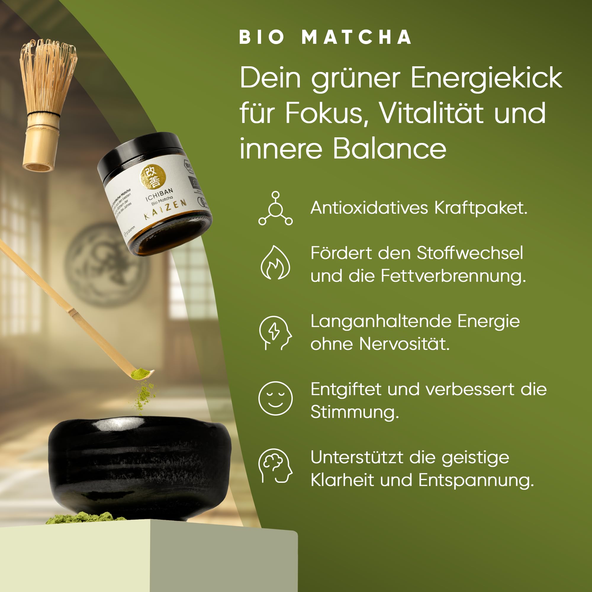 Kaizen - Bio Matcha Tee - ICHIBAN - Contest Ceremonial Matcha aus Japan - voll beschattet - Direktimport aus der Präfektur Kagoshima - hochwertiges Pulver in 80g wiederverschließbarem Schutzbeutel
