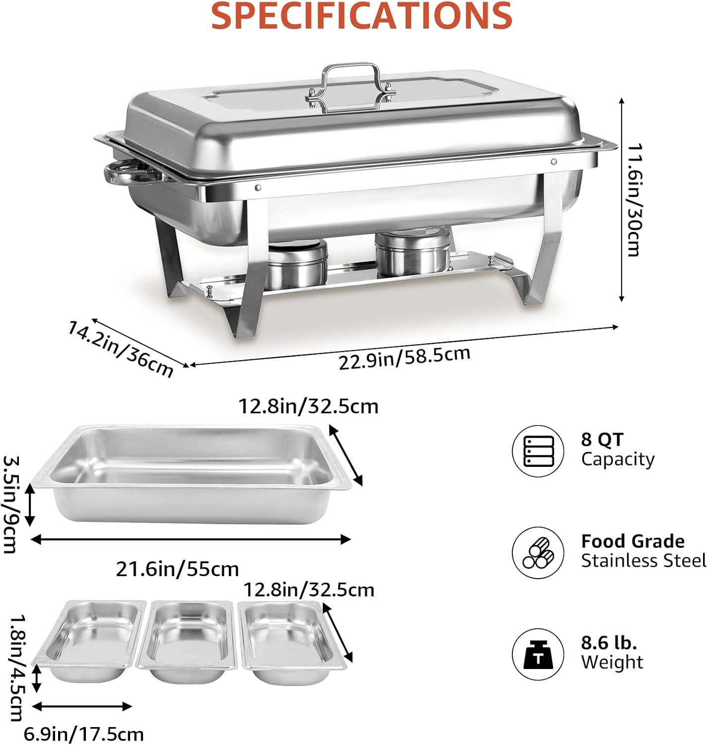 Chafing Dish Buffet Set 8 Qt 4 Pack Stainless Steel Chafer with 12 1/3 Size Pans Chafing Food Pans Rectangular Catering Warmer Set for Parties Banquet Wedding Dining
