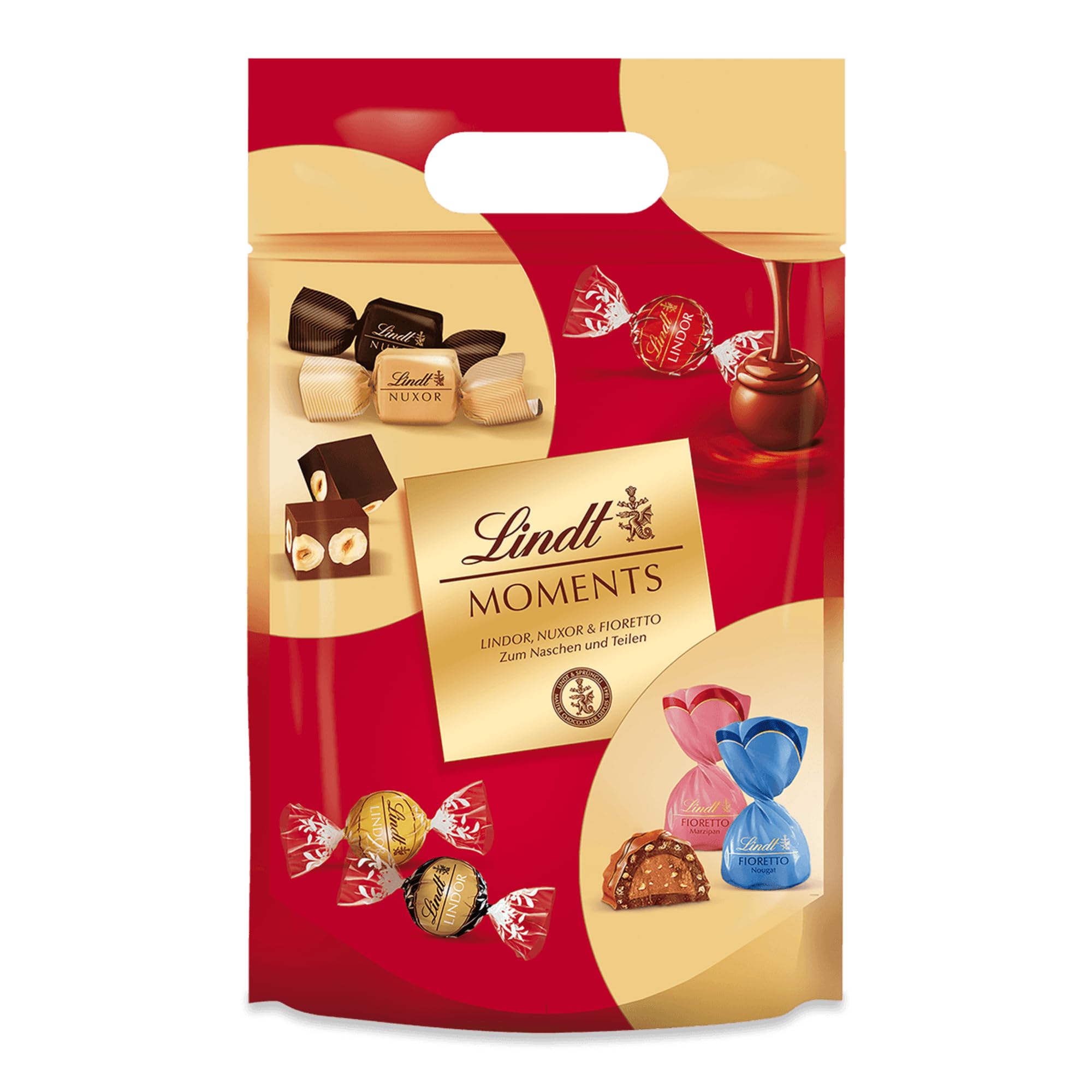 Lindt Schokolade | Lindt Moments XL Beutel | 750g | Raffinierte Mischung aus feinsten LINDOR Kugeln, nussigen NUXOR Würfeln und knusprigen FIORETTO | Schokoladen-Geschenk