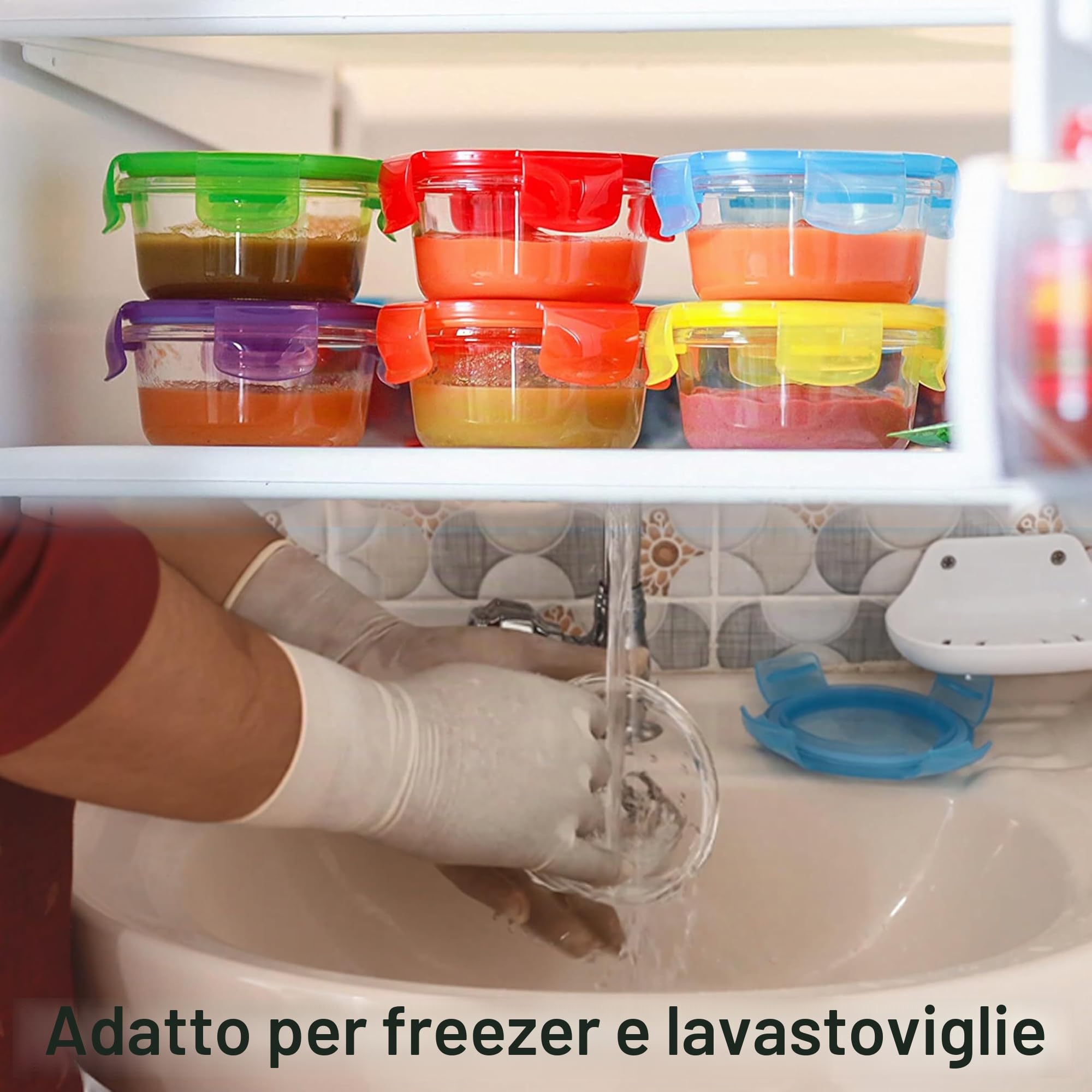 ARSUK Contenitori Alimentari Vetro Ermetici bambini, Vasetti Conservazione Pappe, Contenitori di alimenti impilabili e agganciabili, Privi di BPA (6pcs x 200ml Rotondi)