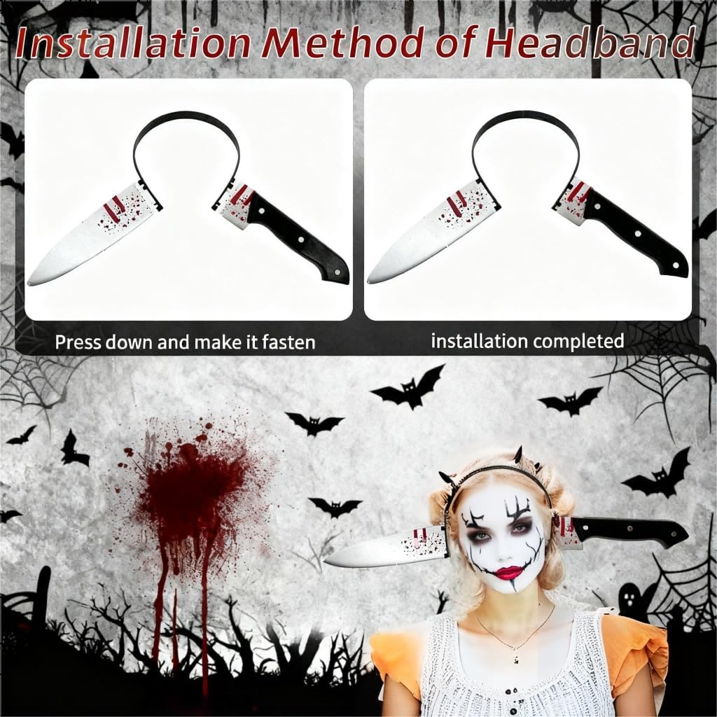 Halloween Fake Plastic Knife Through Head Headband Prop for Adults, Scary Zombie Costume Accessories for Cosplay Party - Image 4