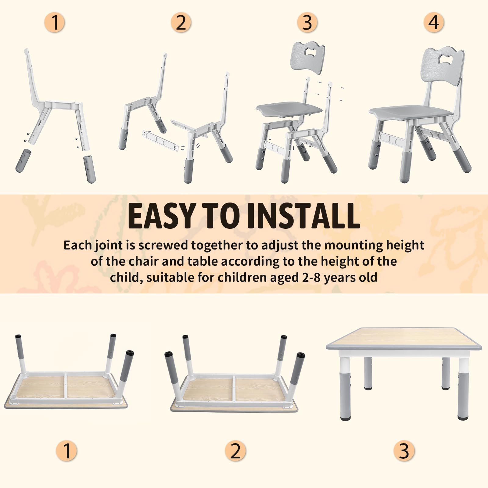 Table pour enfant avec 2 chaises, groupe de sièges pour enfants réglable en hauteur en HDPE & ABS, table de jeu multifonctionnelle pour enfants de 2 à 10 ans, ensemble table et chaise