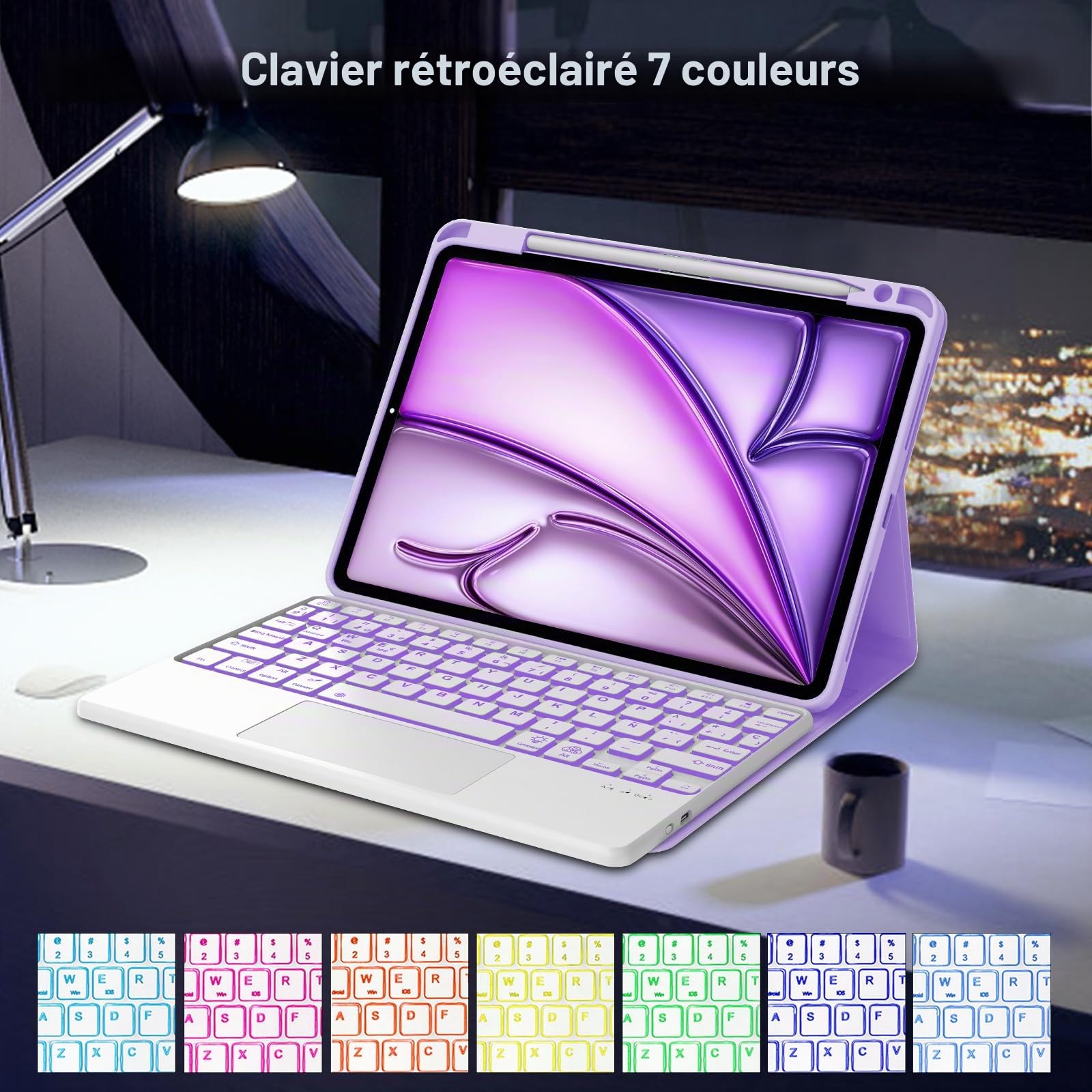 Clavier avec Touchpad pour iPad Air 11 Pouces M4 2026/M3 2025/M2 2024, AZERTY Français Clavier Rétro-éclairé Bluetooth Détachable avec Pavé Tactile pour iPad Air 11 M2/M3/M4 2025/2026, Violet Clair