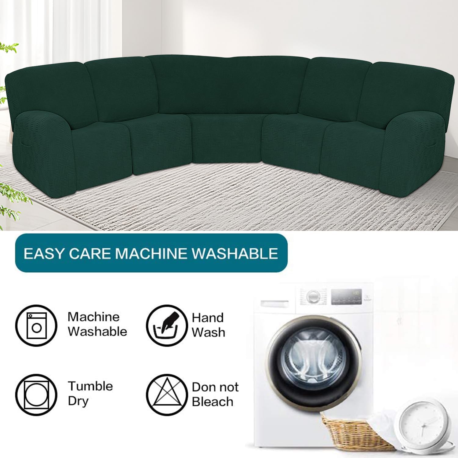 7-Piece Jacquard Stretch Reclining Couch Covers 5 Seats Corner Sofa Cover L Shape Sectional Recliner Sofa Covers for Sofa Anti Slip Furniture Protector Thick Soft Washable - Dark Green