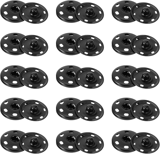 Opopark Press Studs Snaps Fasteners Buttons (25mm 15 Sets), Rust Proof Metal Coat Invisible Sew-on Black Buttons for Purse Handbag Clothes Sewing Craft DIY Supplies