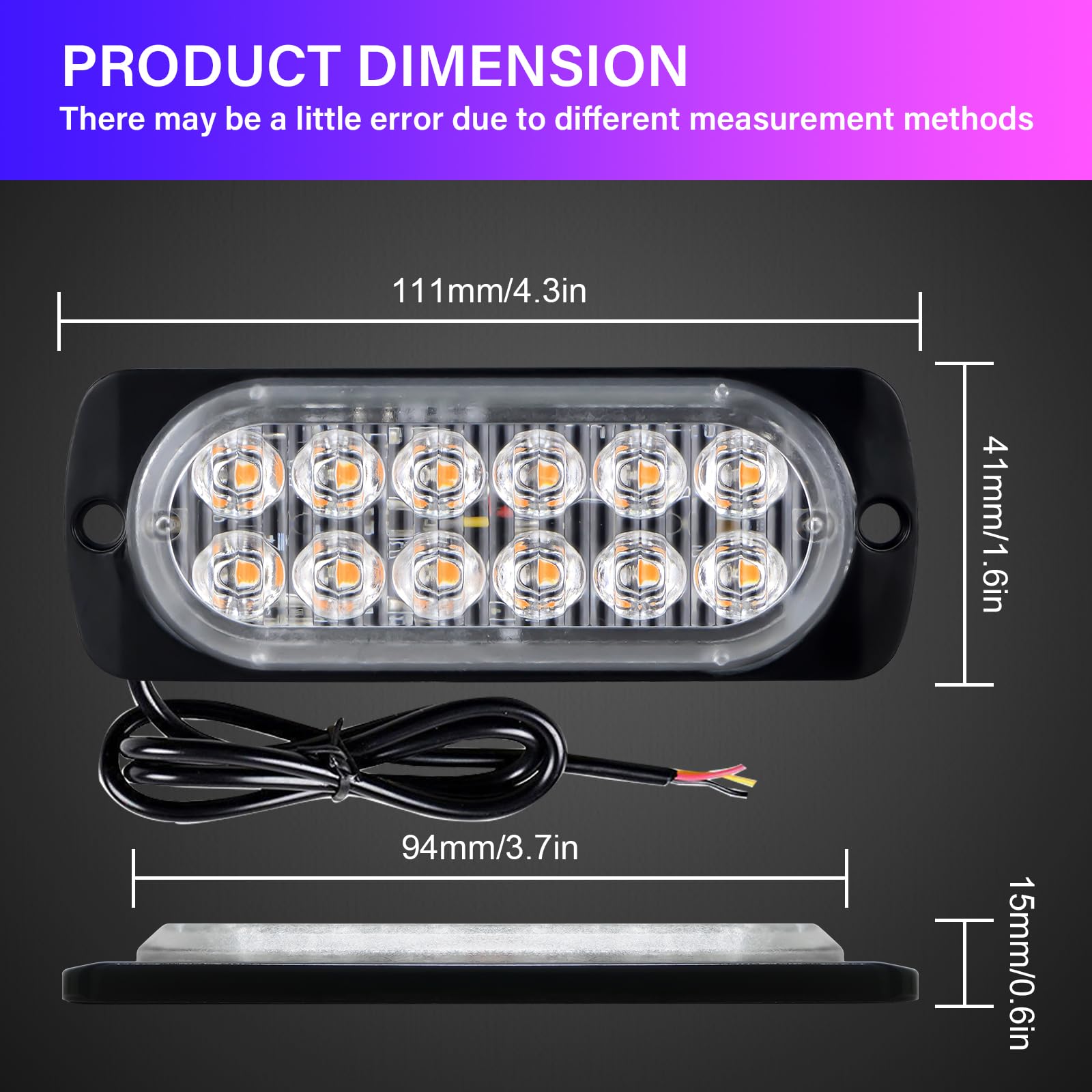 RIGIDON 2 Pcs 12 LED orange feu de freinage stroboscopique, 12V 24V Barre lumineuse led pour offroad véhicule voitureutilitaire, bateau, remorque, caravane, 3000K Balise clignotante de sécurité