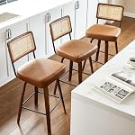 Swivel Counter Height Bar Stools Set of 3,Mid Century Modern Barstools with Rattan Back,27 inch Seat Height Solid Wood Kitchen Island Stools,Brown Faux Leather Upholstery Bar Chairs