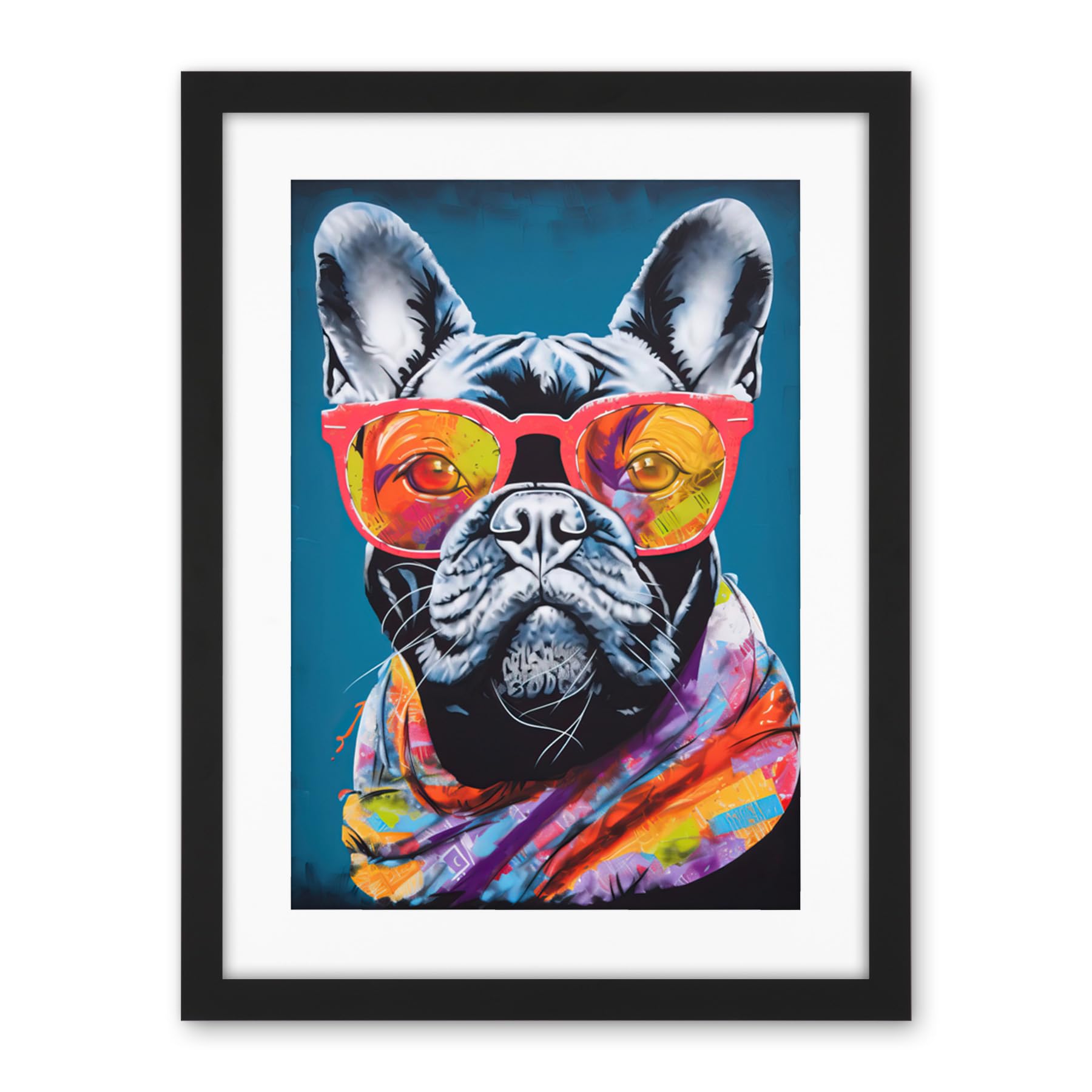 Artery8 English Bulldog with Neon Bandana and Sunglasses Artwork Framed Wall Art Print 18X24 Inch