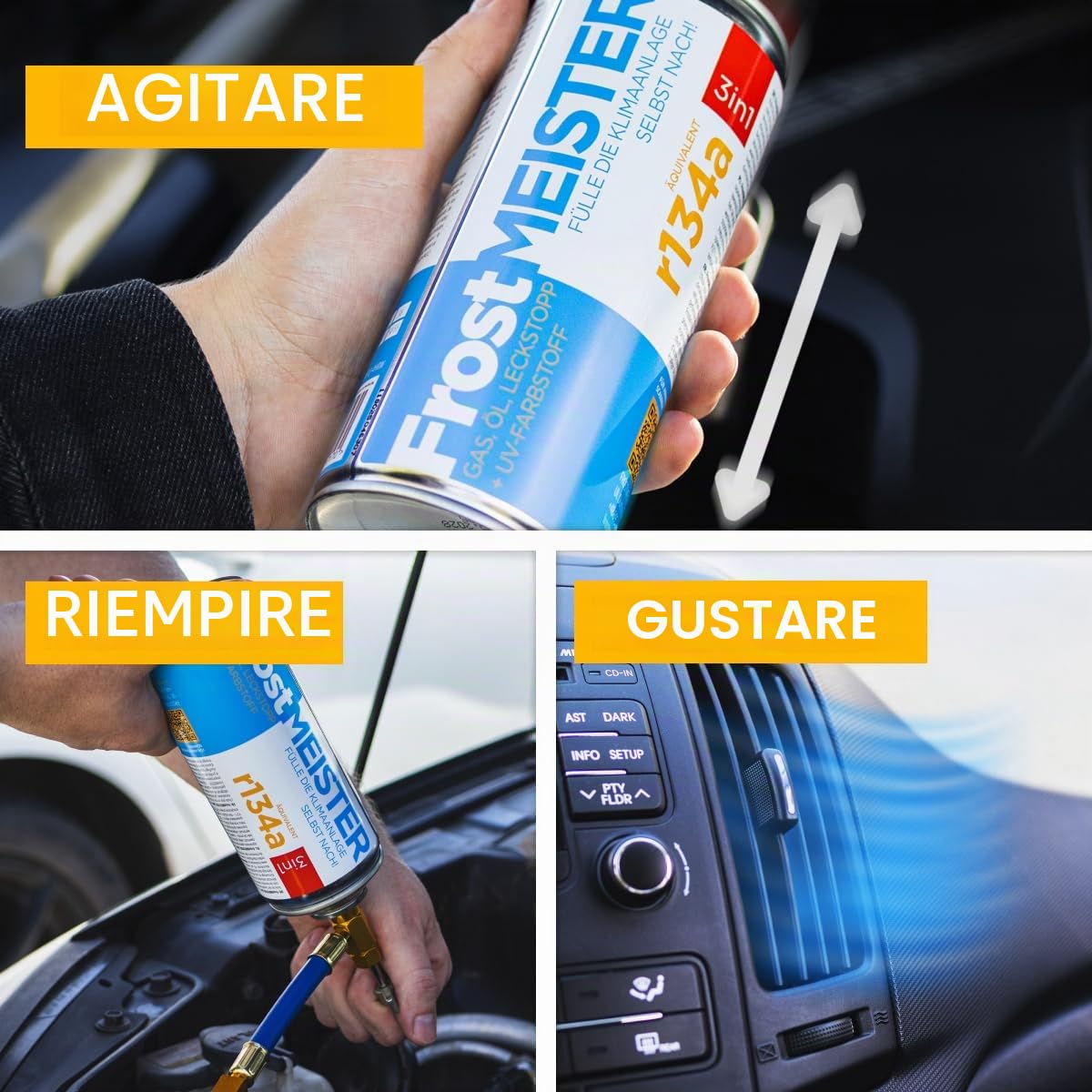 3 in 1 – Set di ricarica per aria condizionata auto R134a (1995-2016) – 2 barattoli da 400 ml e tubo con manometro – Sostituzione per refrigerante, olio e sigillante – Applicazione rapida
