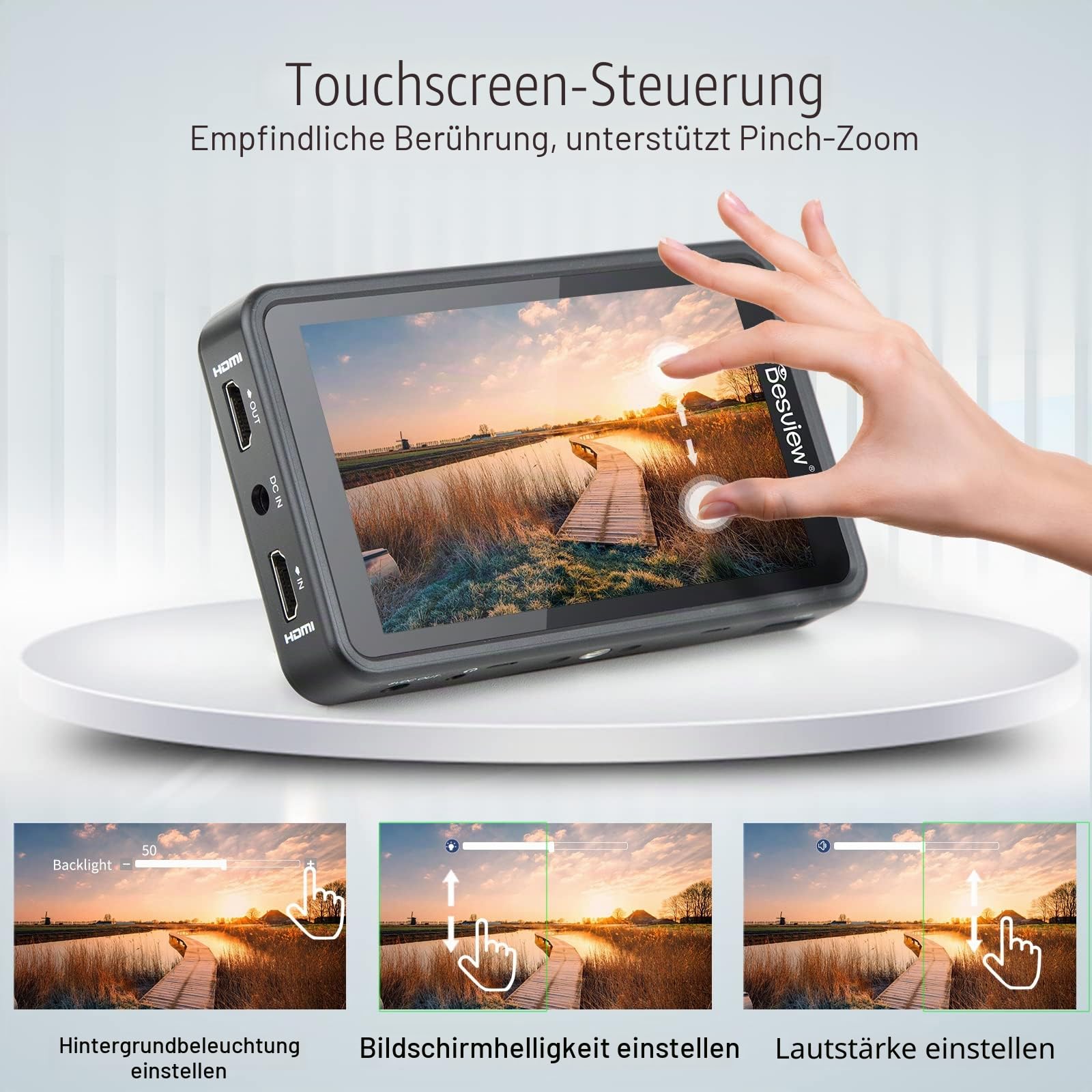 Desview R5II Kamera Field Monitor Touchscreen 5,5 Zoll, Camera Monitor 4K HDMI mit Sonnenschutzhaube, Full HD 1920x1080 IPS 3D LUT Video Peaking Focus Assist für DSLR