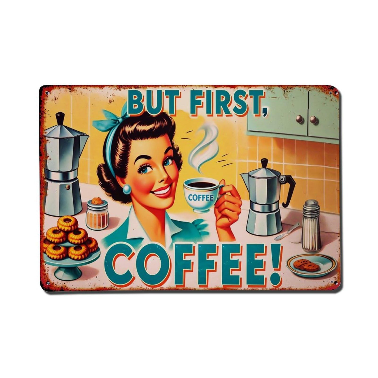 Retro Woman Coffee Moka Pot Cookies Retro Metal Tin Sign, Vintage Decor Art Poster for Bar, Home, Man Cave, Kitchen, Laundry Room Gift 8x12Inch
