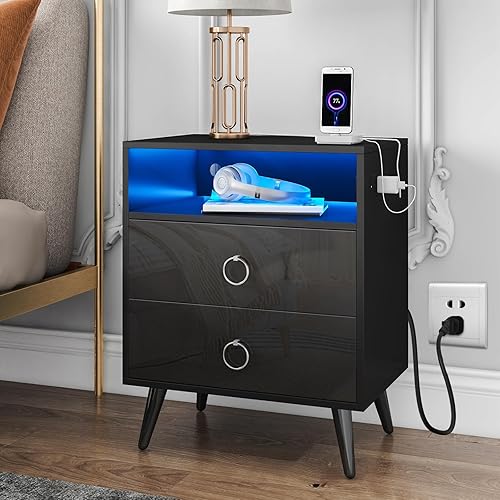 Miniatura 1 de HOMMPA Mesita de noche LED con estación de carga, mesita de noche negra con estante abierto, mesa de noche con 2 cajones, mesita de noche