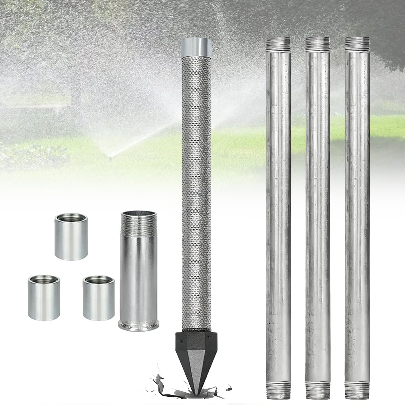 Ofyphth Heavy Duty Sand Point Well Kit, Professional Shallow Well Drilling Tool, 1-1/4" Stainless Steel Drive Point with 60 Gauge Mesh, Galvanized Pipes, Drive Cap and Couplings. 4M