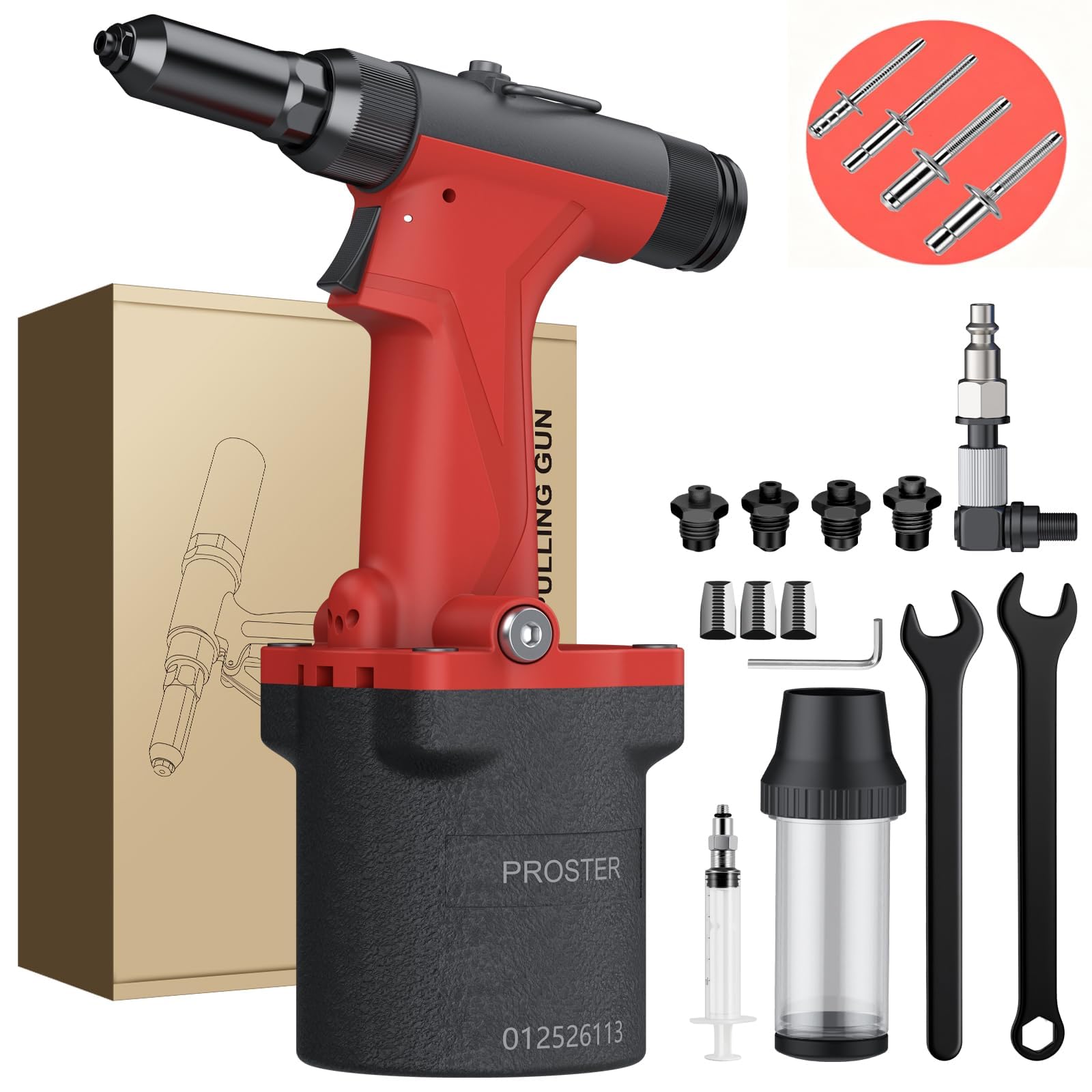 Proster Riveteuse Pneumatique 2040KGF Professionnel - Pistolet à Rivets Léger avec 4 Buses (2,4/3,2/4,0/4,8 mm) pour Rivets Fermés/Doubles/Hippocampe - Outil Rivetage Ateliers, Garages, Bateaux | Pistolet à Rivets Professionnel, Compatible Rivets Fermés,