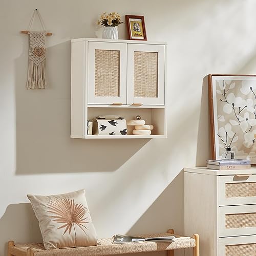 Miniatura 6 de LEYAOYAO Armario de pared de baño de ratán, boho, boho, con estante y puertas ajustables, armarios de almacenamiento sobre el inodoro, organizador