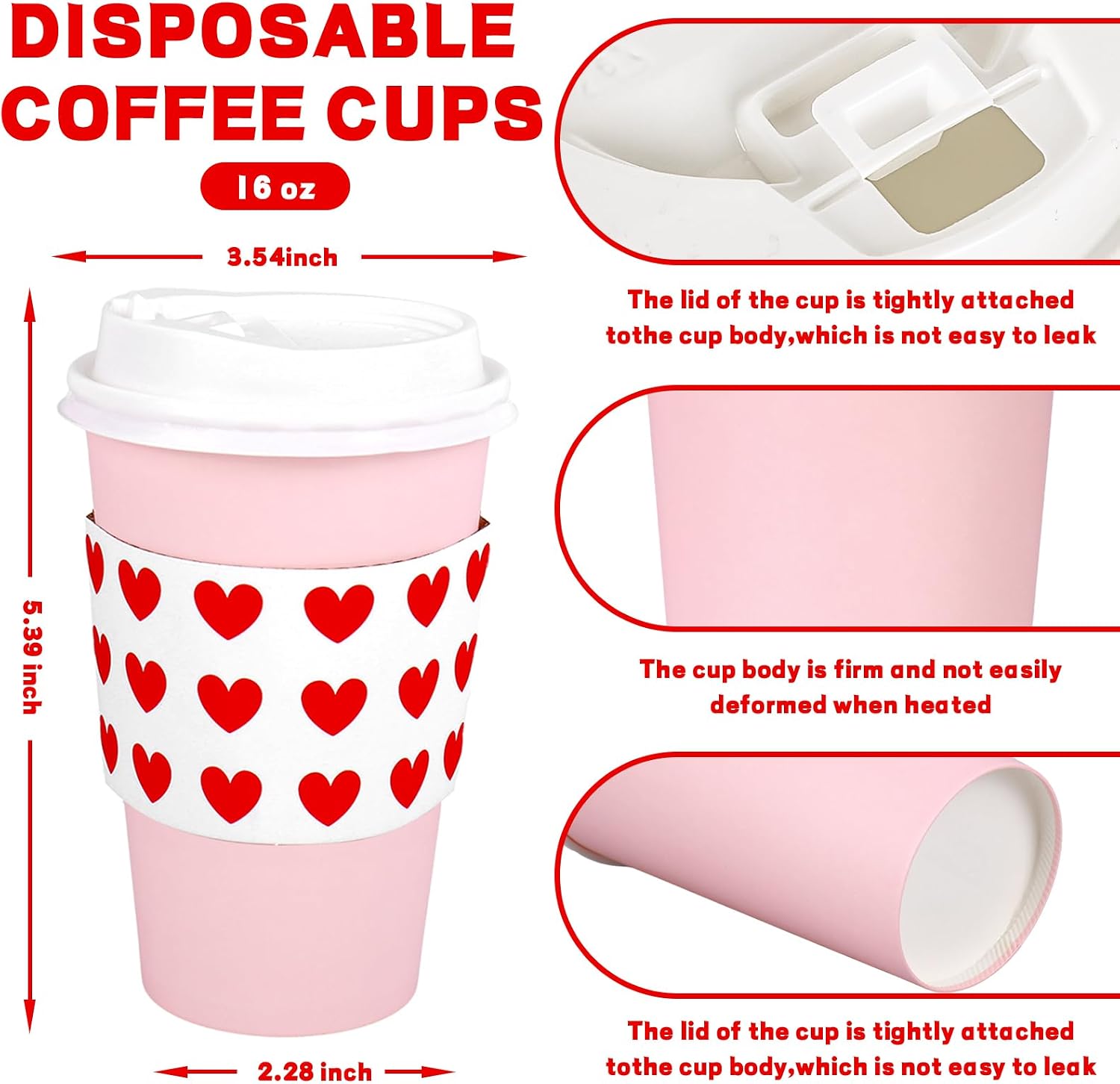 FYSUIMU 50 Sets Valentine's Day Coffee Cups with Heart Sleeves Lids 16oz Pink Disposable To Go Coffee Cup Insulated Hot Chocolate Paper Cups for Cocoa Tea Beverage Drinks Valentine Party Wedding