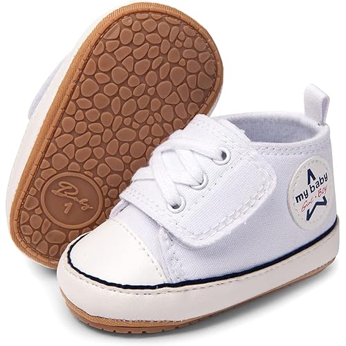 SOFMUO Baby Boys Girls Sneakers High Top Ankle PU Leather Non-Slip Moccasins Soft Rubber Sole Infant Booties Toddler Uniform Dress Shoes