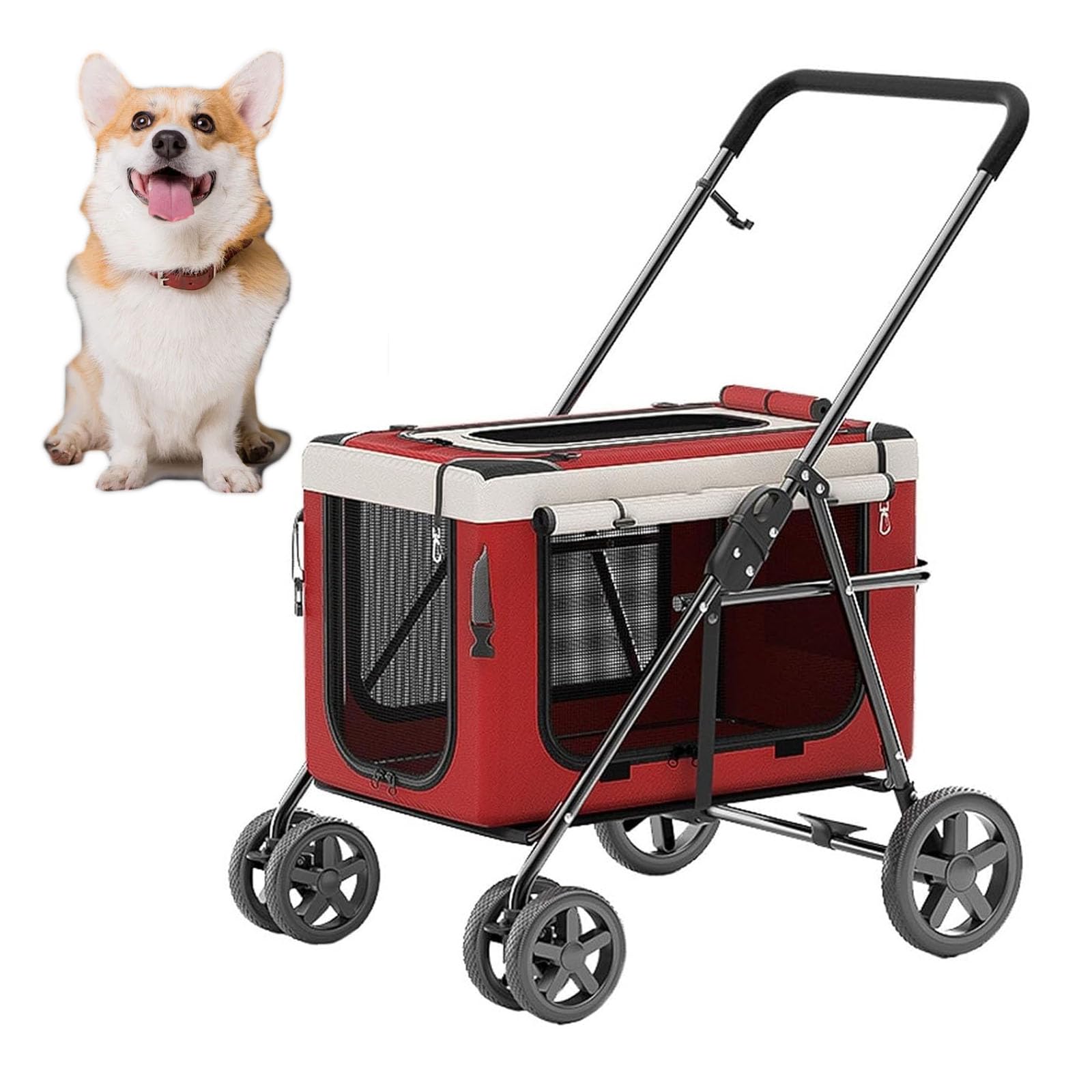 Passeggino da Jogging con Gabbia per Cani, Passeggino per Animali Domestici con trasportino Rimovibile e finestre in Rete, Passeggino Pieghevole per Cani,Rosso