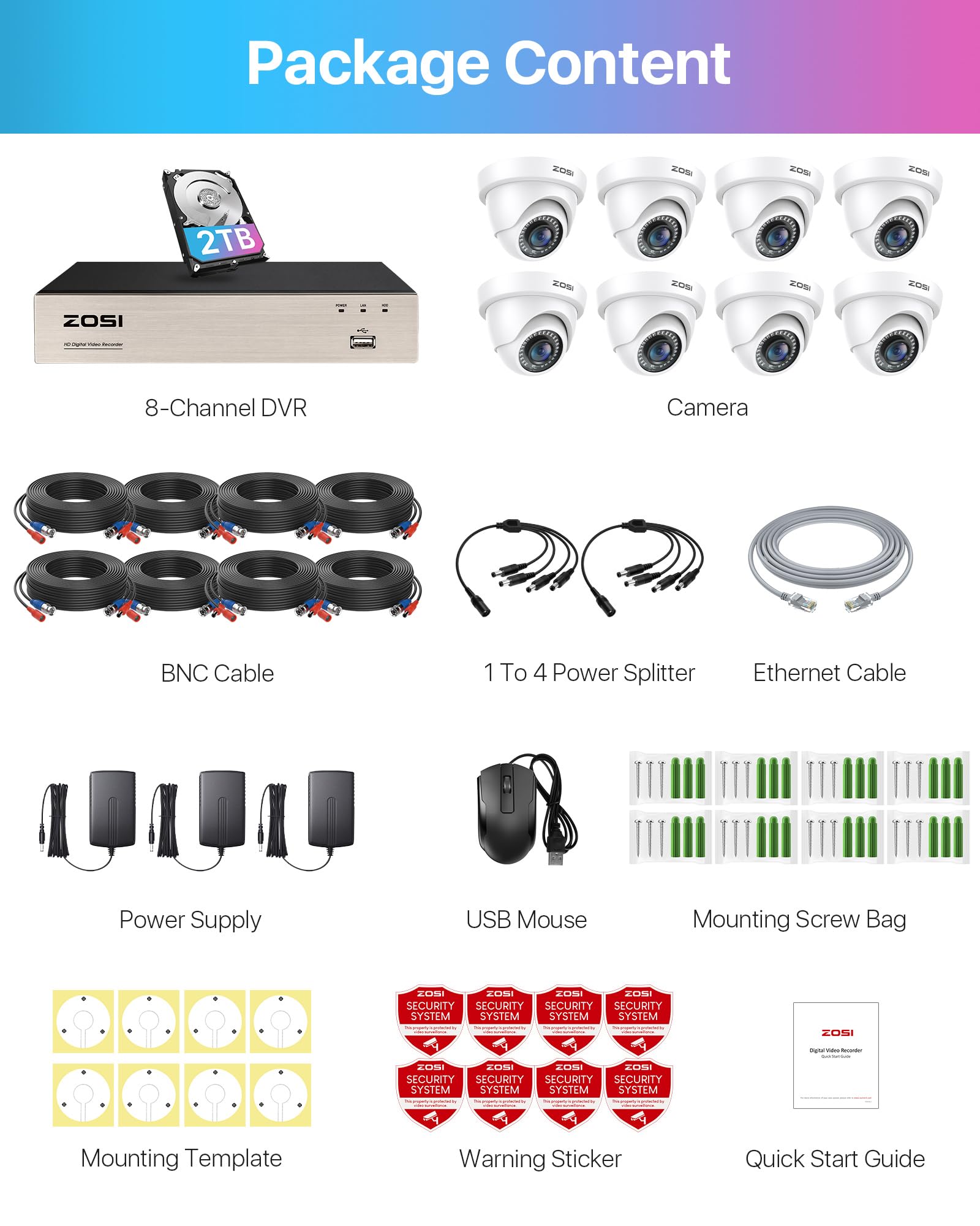 ZOSI Kit de Videovigilancia 8pcs 2MP Cámara de Seguridad Exterior 8CH H.265+ Grabador DVR, Alarma de Movimineto, 20m Visión Nocturna, 2TB Disco Duro