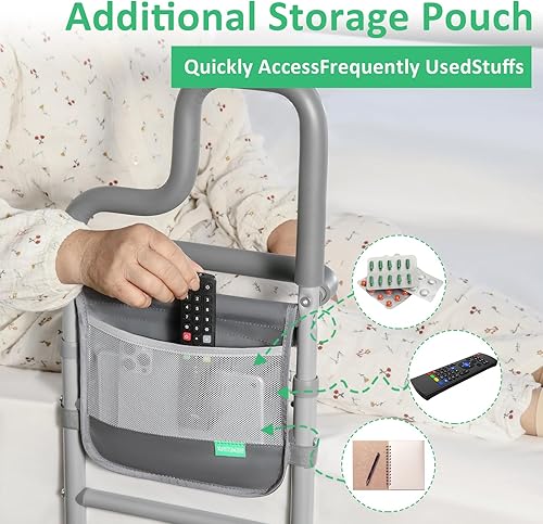 Miniatura 7 de Barandilla de cama de doble barra para adultos mayores con bolsillo de almacenamiento, riel de asistencia de cama para personas mayores para entrar