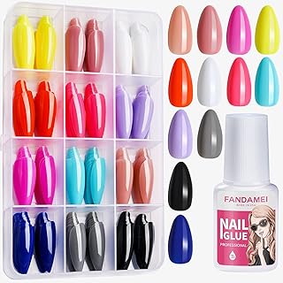 Press on Nails Almond, FANDAMEI 12 Colors 288PCS Press on Nails Medium Almond Glossy, Glue on Nails Short with Nail Glue, Acrylic Short Almond Fake Nails Full Cover, 12 Glossy Color False Nails