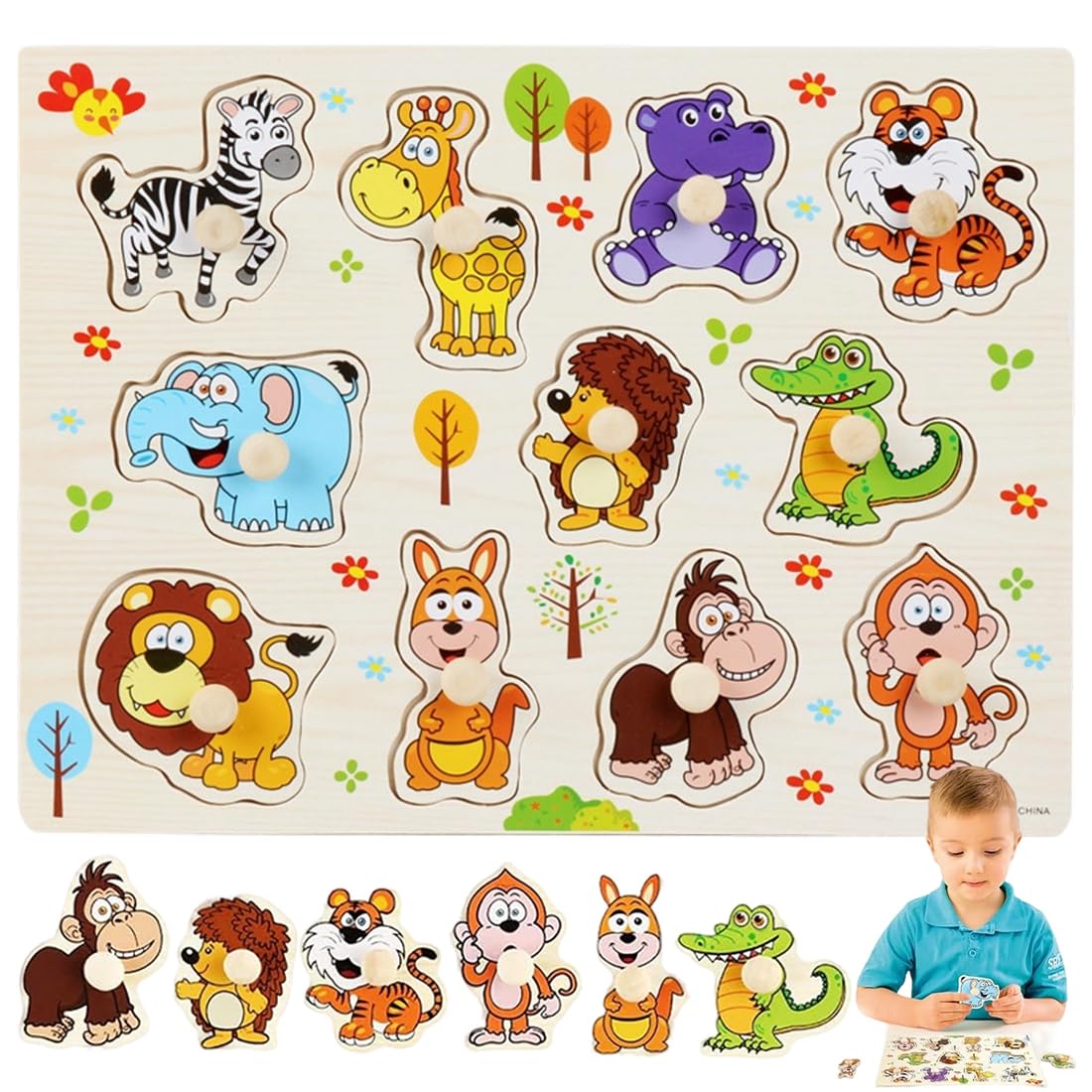 Puzzle en Bois Jouet Éducatif Animaux de la Jungle pour Enfants 1-3 Ans