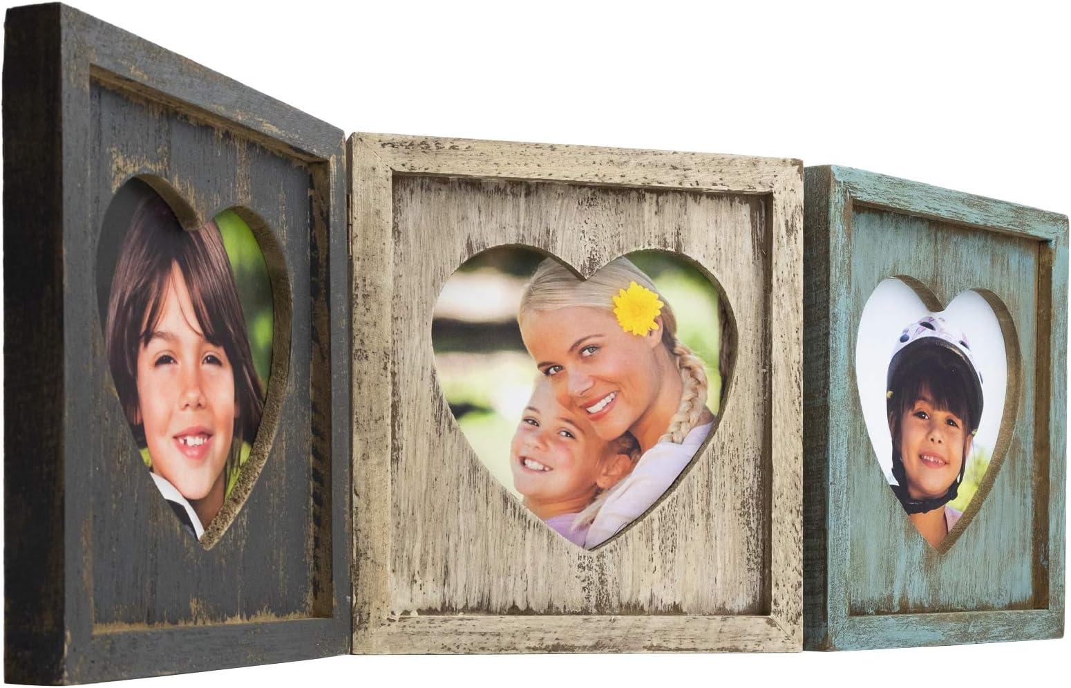EXCELLO GLOBAL PRODUCTS Rustic Heart Shaped Photo Collage: Holds 3 Pictures, Folding Hinge, Shabby Chic, Distressed Wood, for Table Top or Wall Display. Holds Triple 5.25" x 5.25" Pictures