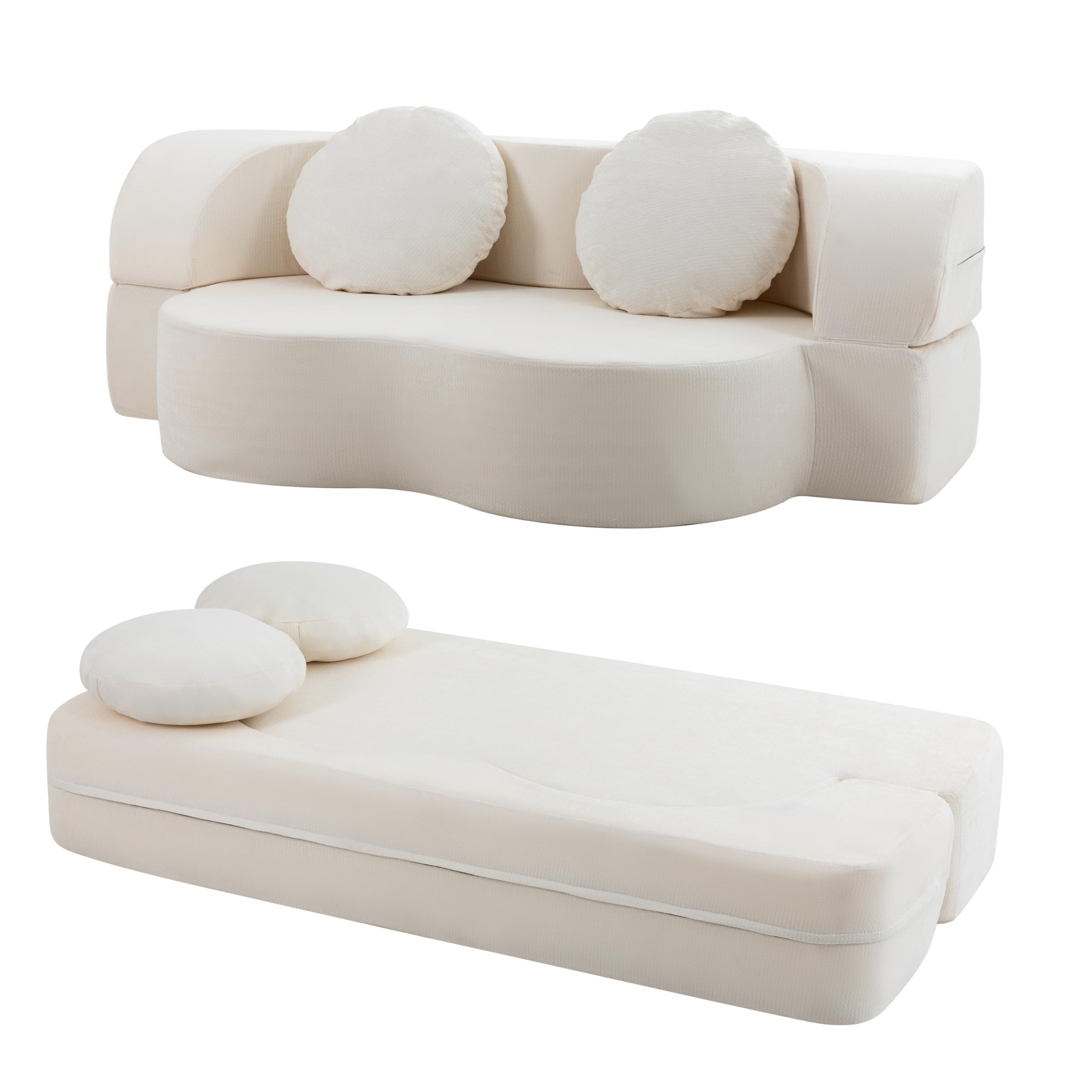 Nuturelly 78" Floor Sofa Bed, Convertible Couch, No Assembly, White | Safe for Kids & Pets, High-Density Foam With Memory Foam Layer, Spot Clean Or Machine Wash Cover, 2 Pillows Included