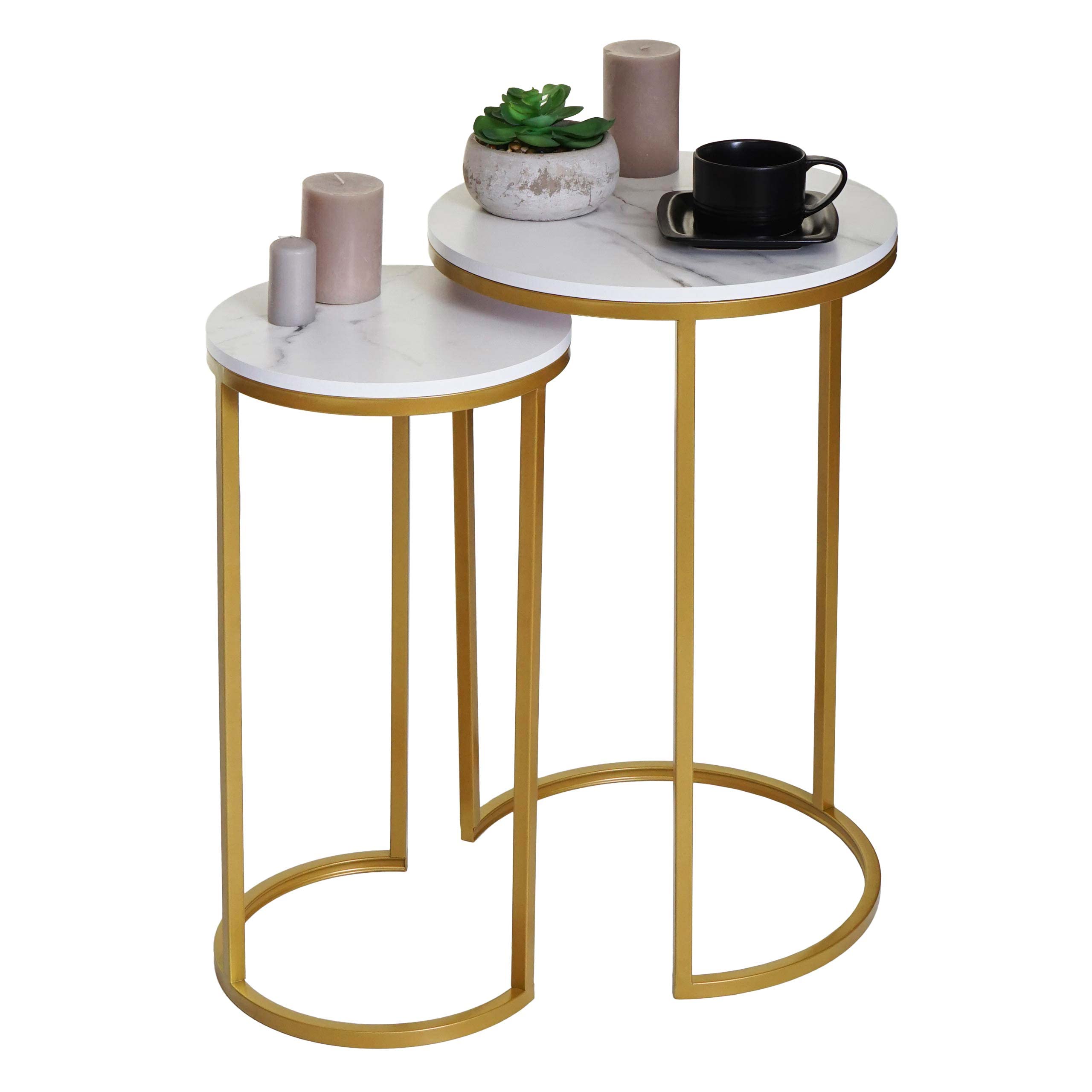 Mendler Set 2X tavolini Eleganti da Salotto HWC-K46 Effetto Marmo Bianco Oro