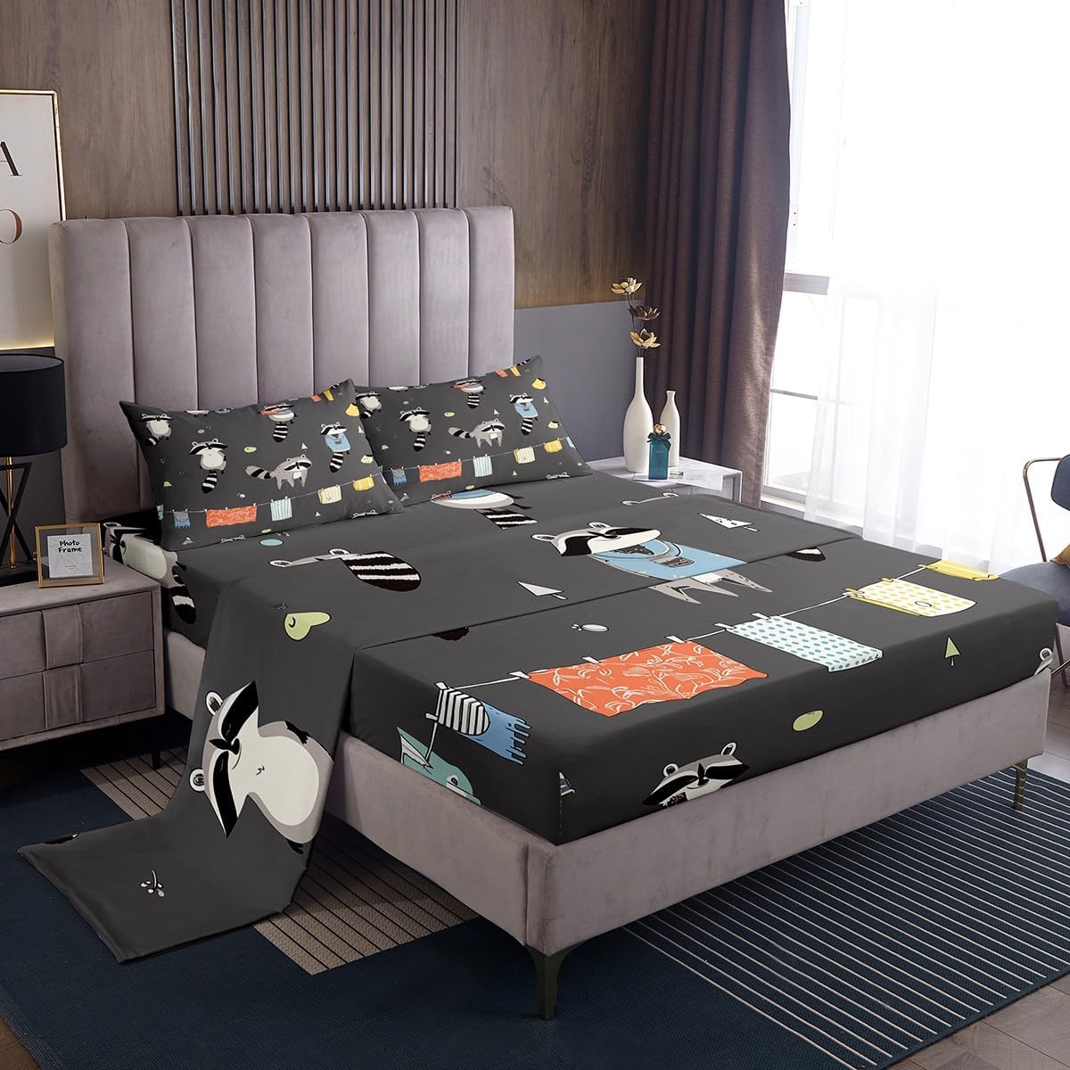 Erosebridal Raccoon Bed Sheets Set Squirrel Rabbit Full Sheet Set for Boys Kids Child Girls,Cute Hedgehog Flat Fitted Sheet Cartoon Wild Animals Toddler Bed Set,Lovely Wildlife Kawaii Room Decor