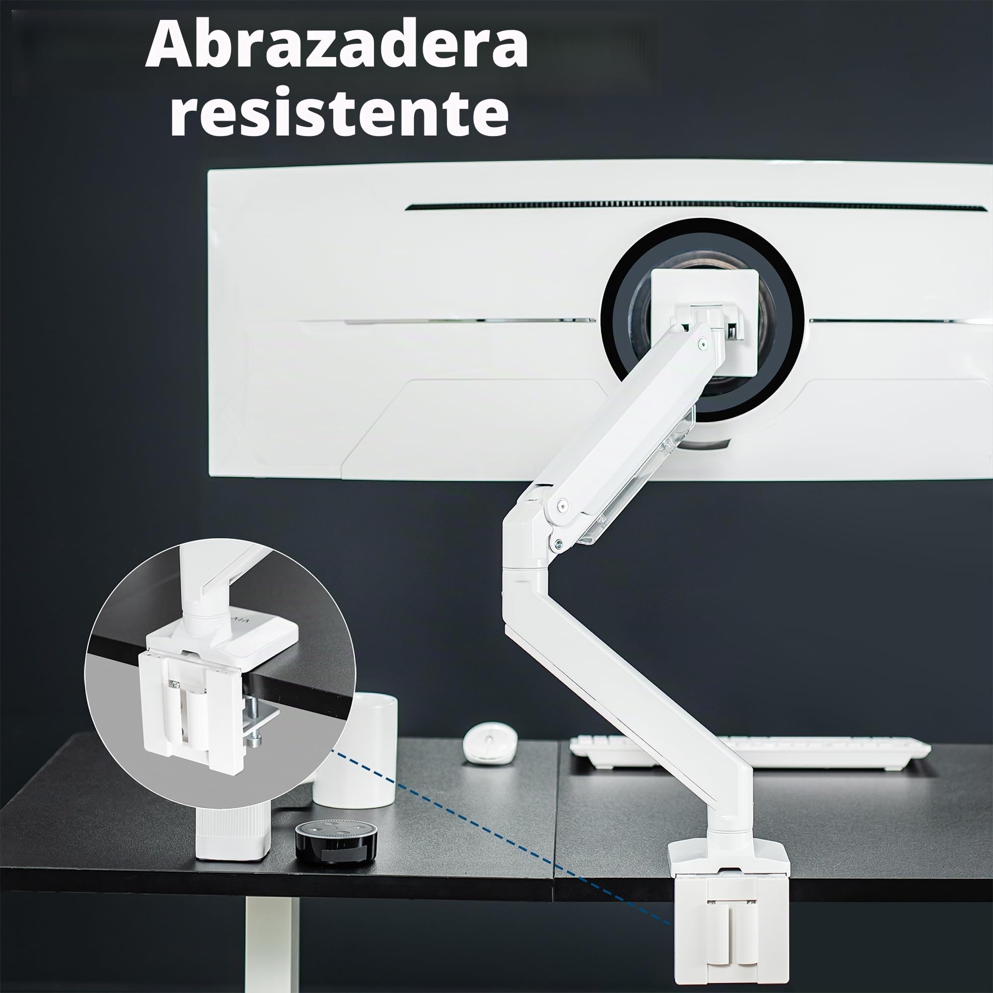 Vivo Brazo de Monitor de Aluminio monitores ultraanchos de hasta 49 Pulgadas y 33 Libras, Soporte de Montaje de Escritorio único, Altura neumática, VESA máxima 100 x 100, Blanco,