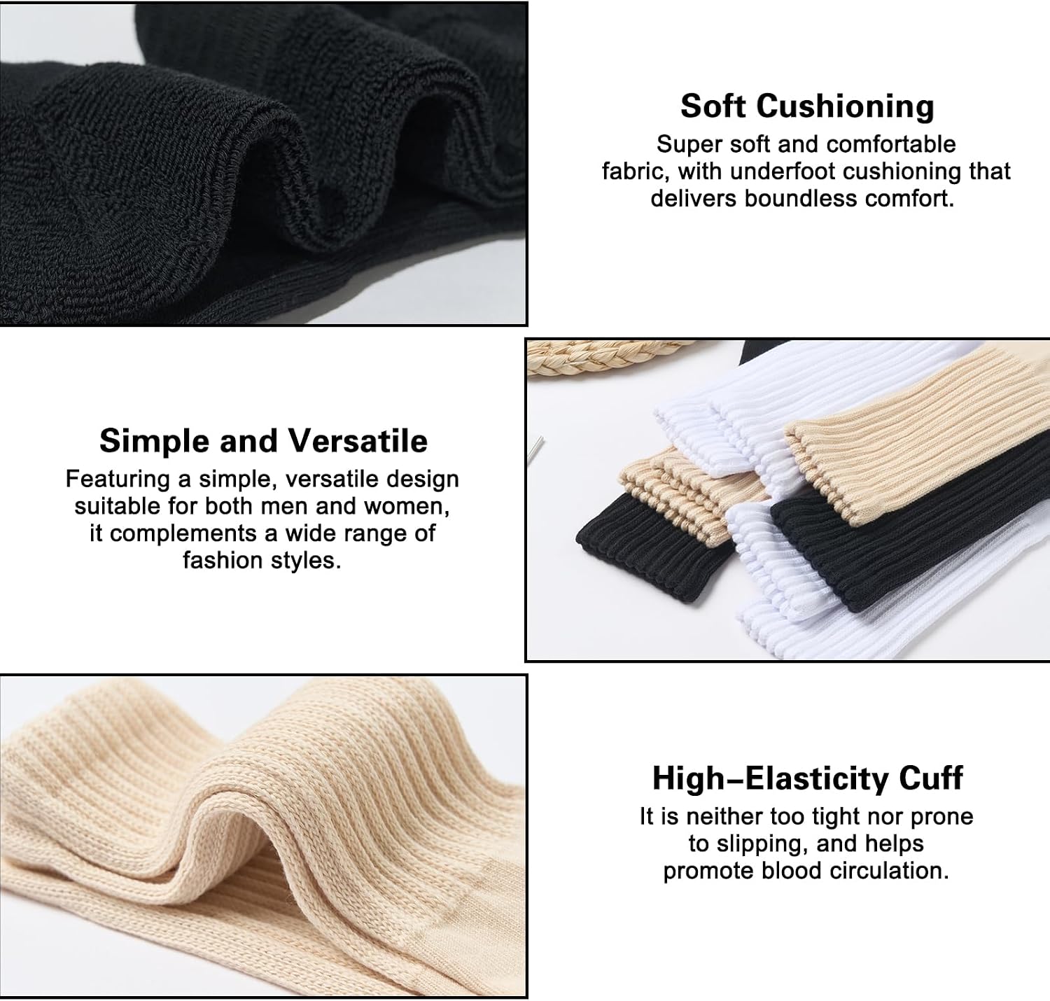 Monxiery Unisex Natural 98% Cotton Seamless Socks, Breathable Moisture Wicking Performance Crew Socks for Women & Men