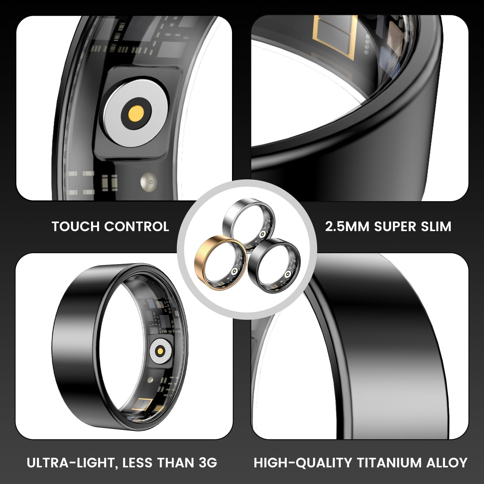 Bague de santé intelligente pour homme et femme avec fréquence cardiaque, oxygène dans le sang, surveillance du sommeil, comptage des pas, étanchéité IP68 pour iPhone et Android, pas de frais
