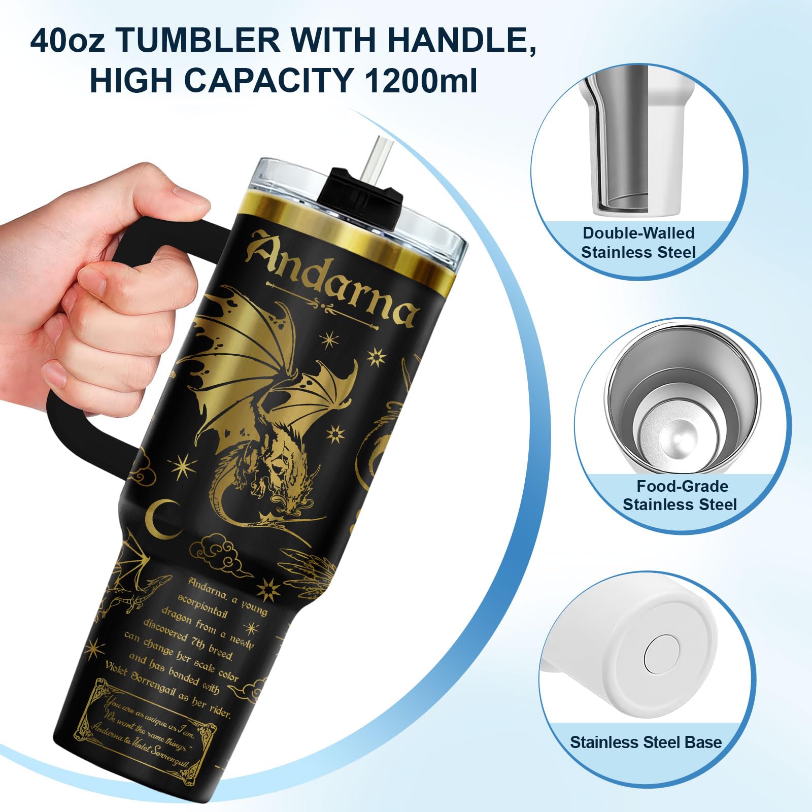 34HD Fantasie-Drachenbecher, 1213 ml, Edelstahlbecher mit Deckel und Strohhalm, flügelinspiriertes Geschenk für Fans und Fantasy-Leser