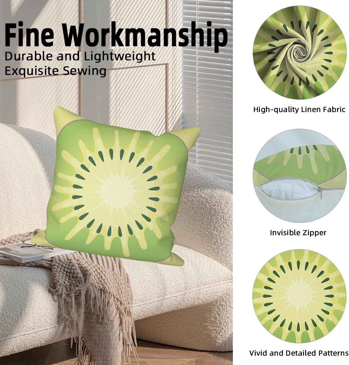 Summer Fruit Throw Pillow Covers 24''x24'' Set of 4, Lemon Watermelon Kiwifruit Orange Pillowcase Colorful Printed Cushion Covers for Couch Sofa Bedroom Farmhouse Garden Patio Decorative