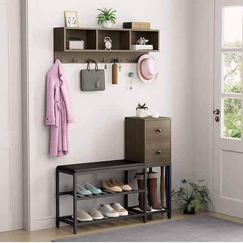 Miniatura 7 de yacchi home Perchero de entrada de 39 pulgadas con 2 cajones y 3 cubículos, banco de entrada 7 en 1, árbol de pasillo con banco y almacenamiento de