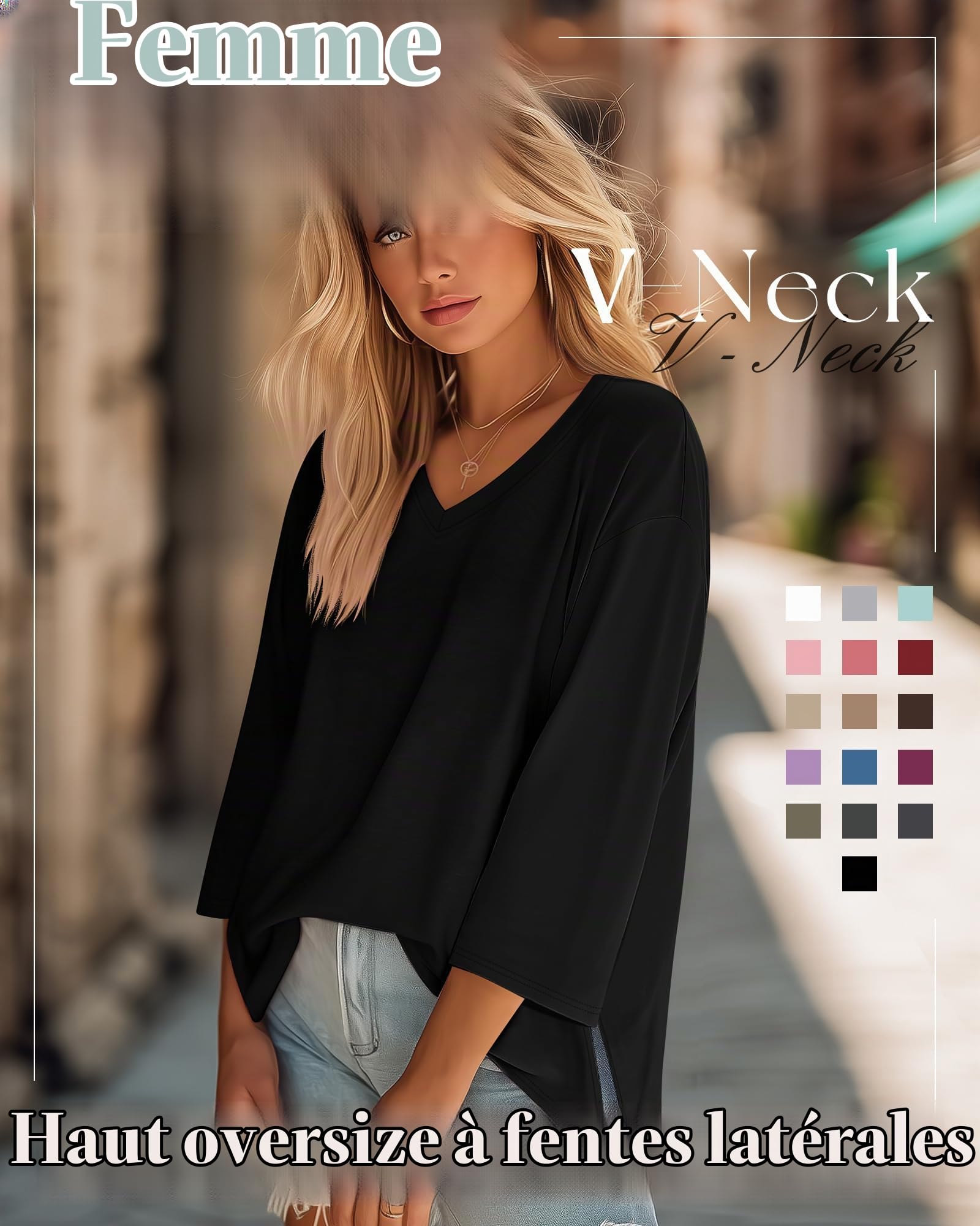 3 Tops Femme Oversize Manches 3/4 Col V | Tuniques À Fentes Latérales, T-shirts Amples, Vêtements Respirants, Hauts DécontractéS, Tenue Superposée, Mode Automne