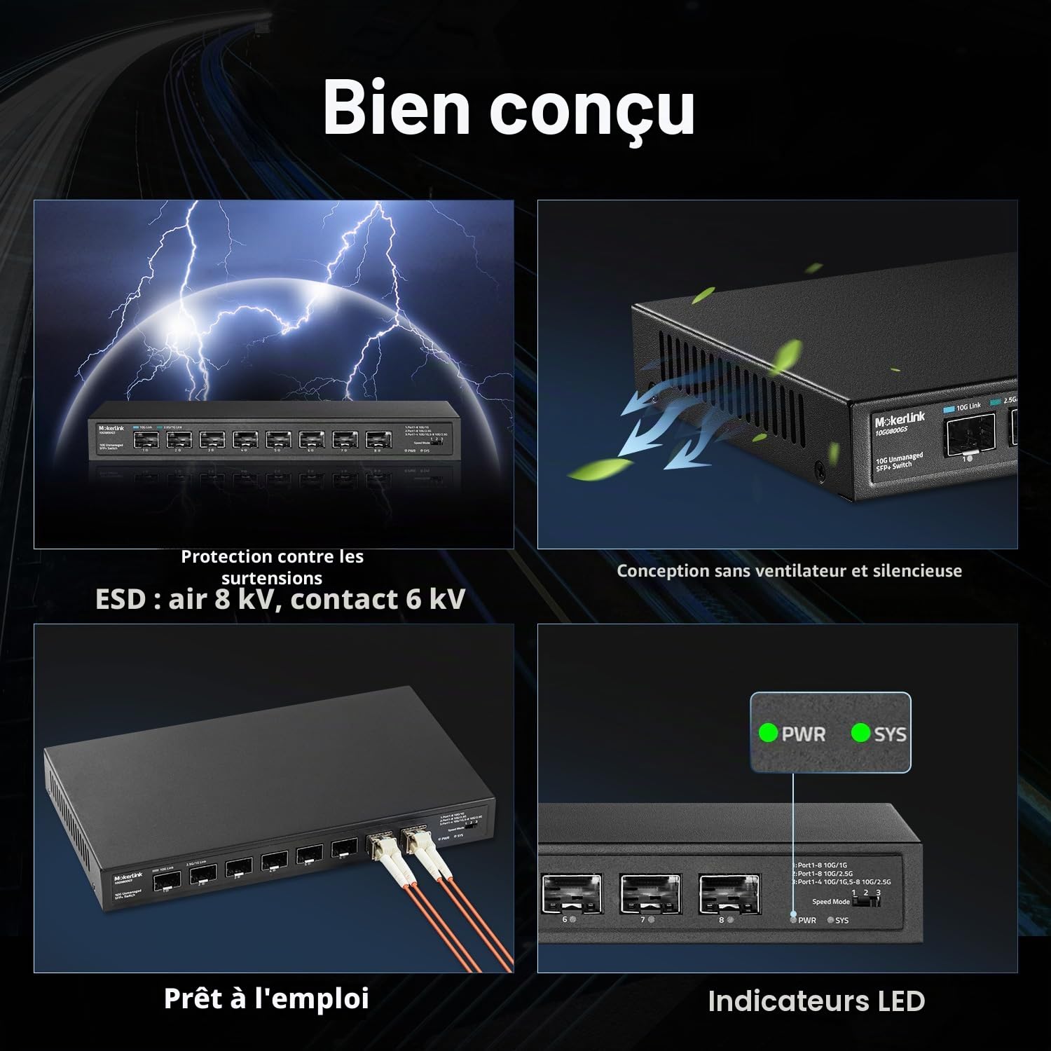 MokerLink Commutateur 8 ports 10Gbps SFP+, supporte les modules SFP 1G/2.5G/10G, 160Gbps de bande passante, commutateur Ethernet sans ventilateur non géré plug-and-play