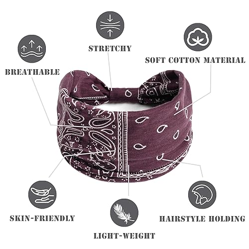 Miniatura 3 de FULZTEY Diademas bohemias para mujer, bandas de cabeza de anacardo de moda, diademas anchas africanas, turbante, tela elástica, algodón, yoga,