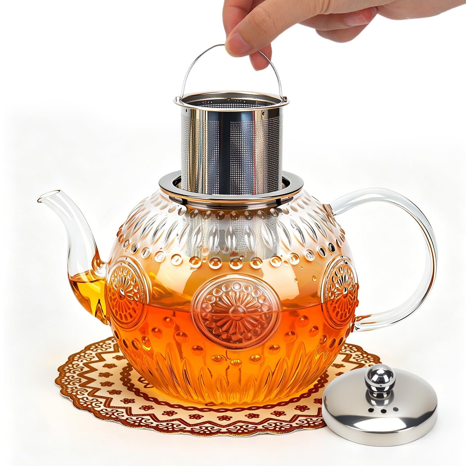 Teiera in vetro da 1500 ml, con infusore e sottopentola, per 4-6 tazze | Teiera in vetro borosilicato per foglie sfuse e tè in fiore, bustine di tè, lavabile in lavastoviglie e congelatore