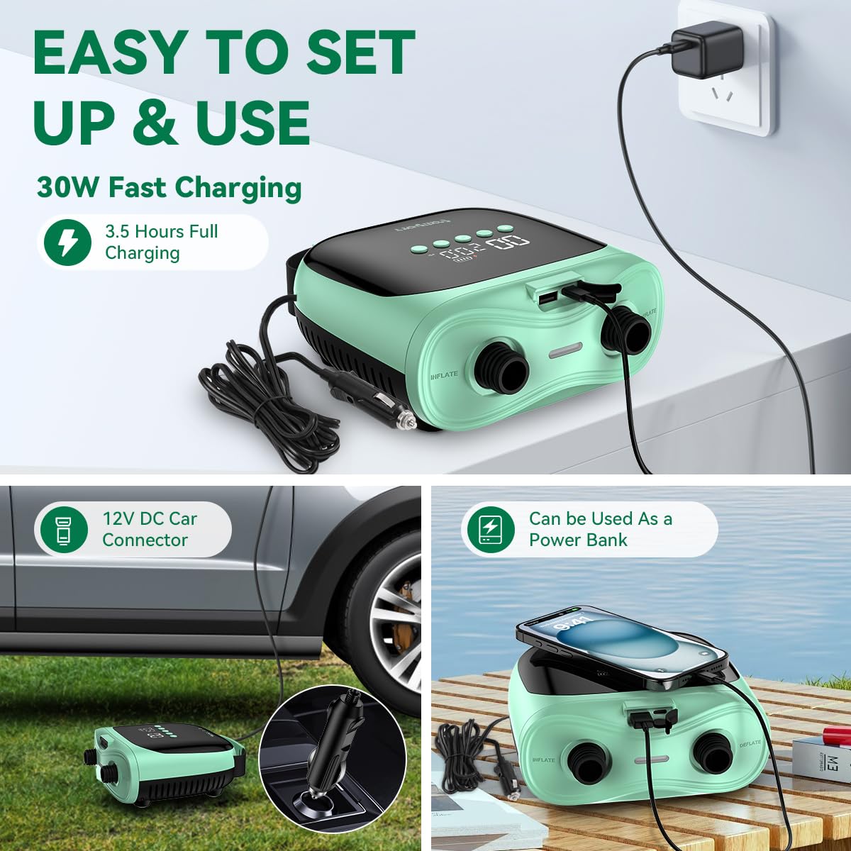 FBSPORT Gonfleur Electrique Paddle Rechargeable 4000mAh Batterie & 12V DC, 20PSI Pompe Paddle Electrique Auto-Arrêt, Inflation/Déflation Double Étape, pour Sup, Tente, Bateaux, Kayaks, Matelas