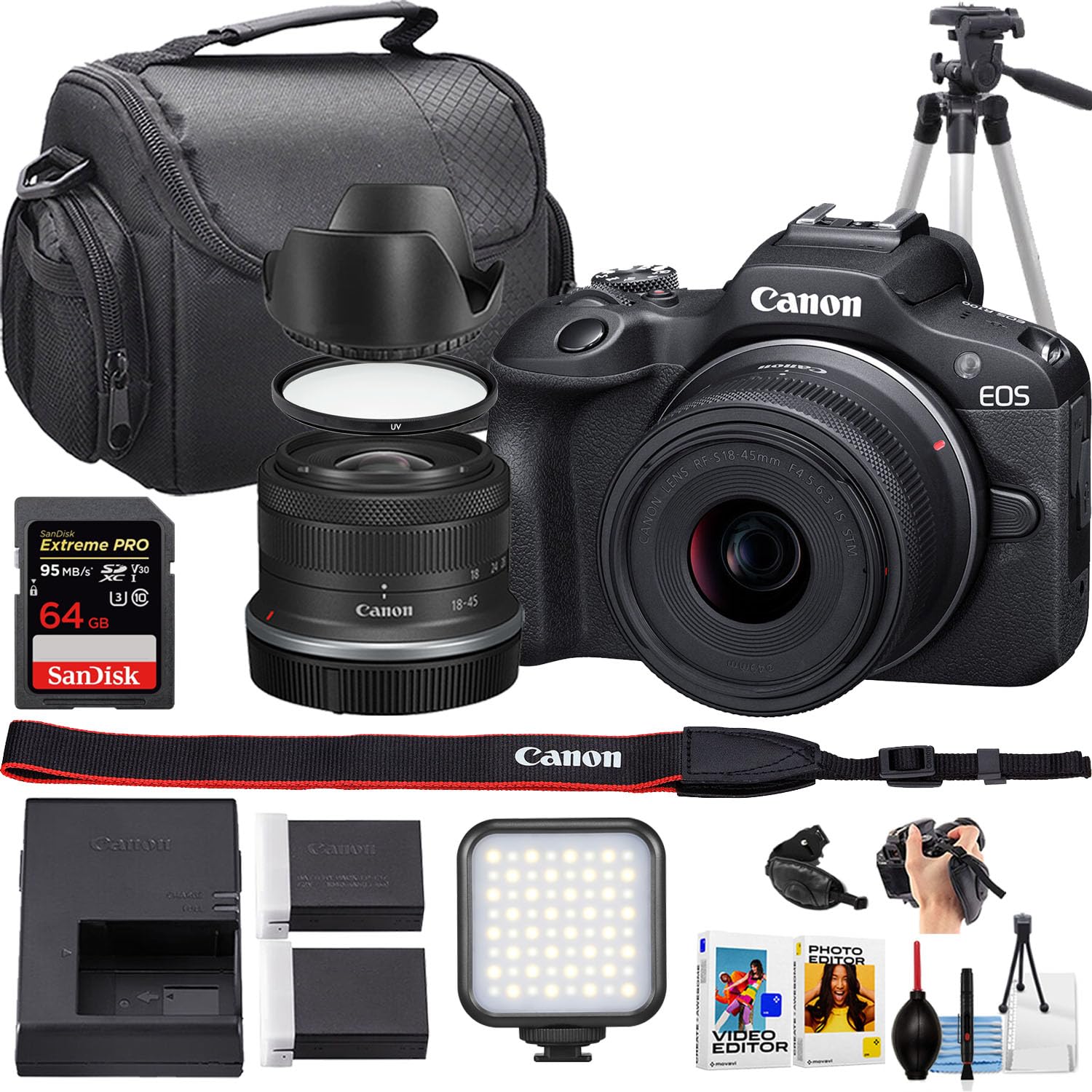 Canon EOS R100 Mirrorless Camera w/18-45mm Lens + Sandisk 64GB Extreme Memory Card + Camera Case + More (16pc Bundle) (Renewed)