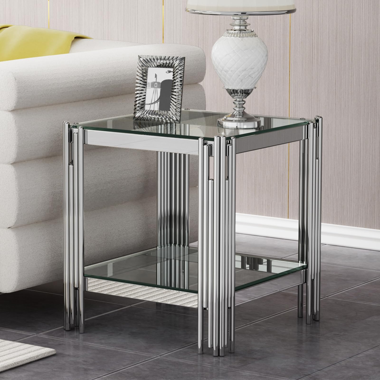Henf Clear Glass End Table 20" Square Sofa Side Table with Silver Stainless Steel Frame, Luxury 2-Tier Bedside Tables Nightstand with Glass Shelf for Living Room Bedroom Home Office (Silver & Clear)