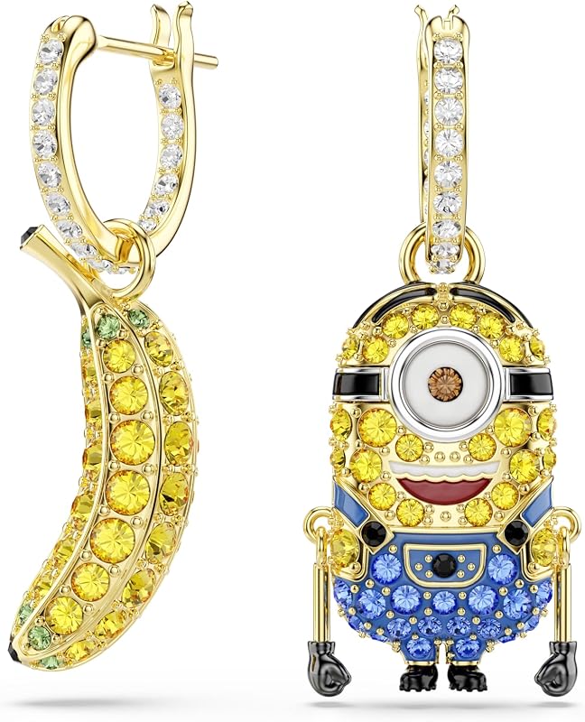 Pendientes de aro Minions Stuart y Banana, Pavé, Mini, Multicolor, Baño tono oro