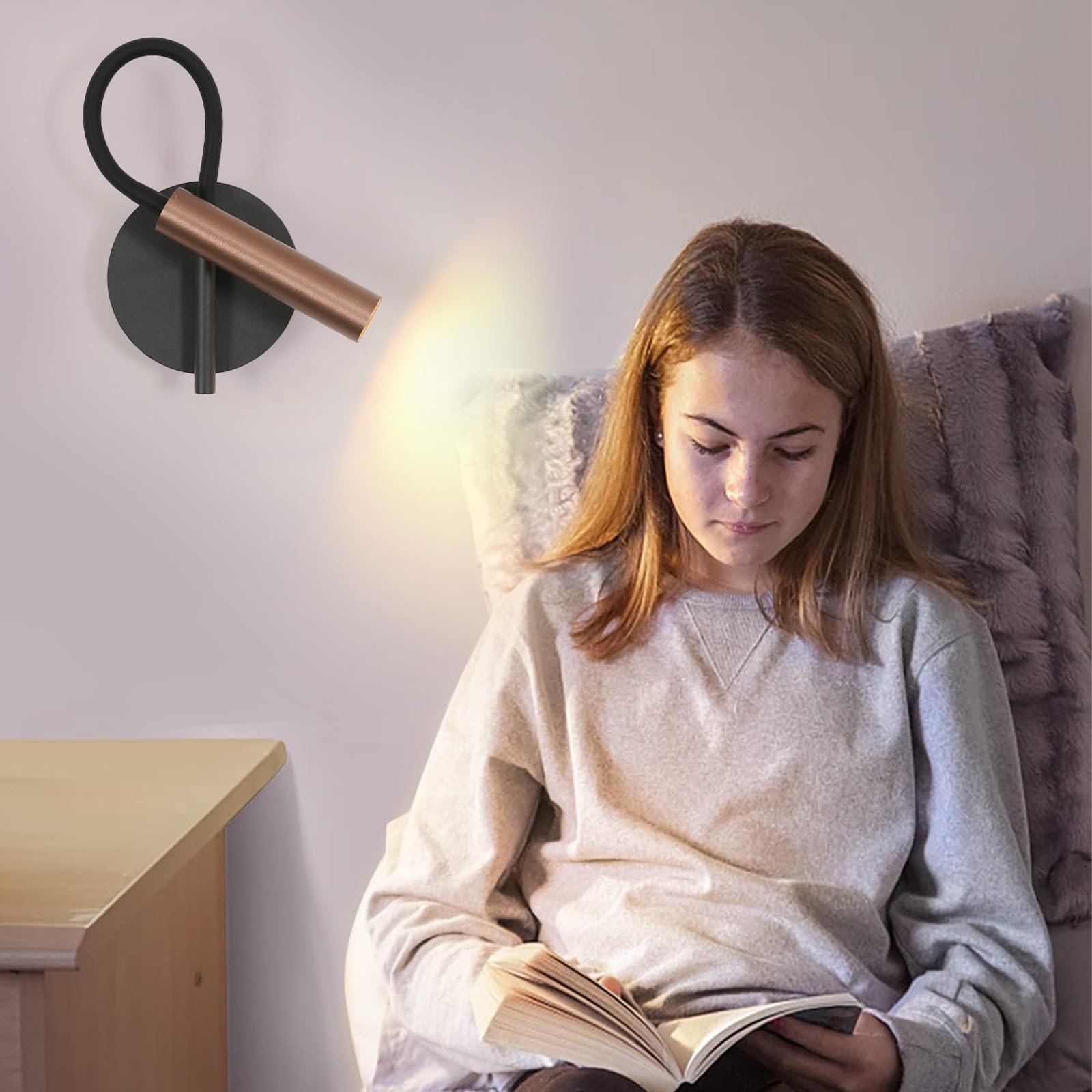 Osairous Applique da Parete 2 Pezzi, Lampada da Lettura con 360° Braccio Flessibile, Lampada da Comodino LED 3000K Bianca Calda in Alluminio per Camera da Letto, Soggiorno