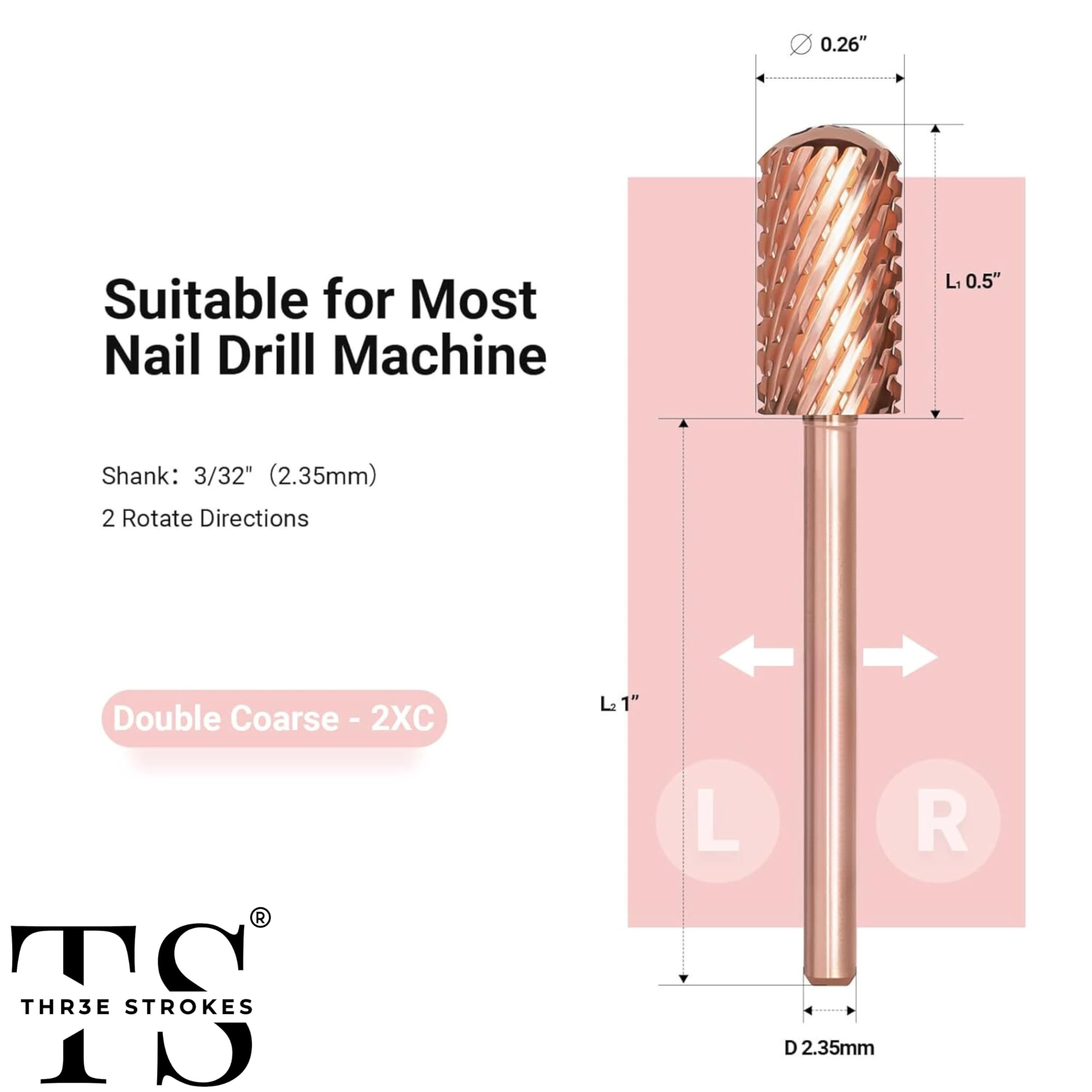 THR3E STROKES Nail Drill Bits, 3/32'' Smooth Round Top Large Barrel Carbide Bits, Suitable for Manicure Pedicure Cuticle Gel Polishing, Beginners Bits, Rose Gold, Series Bit (Double Coarse-2XC, ROSE GOLD) 3