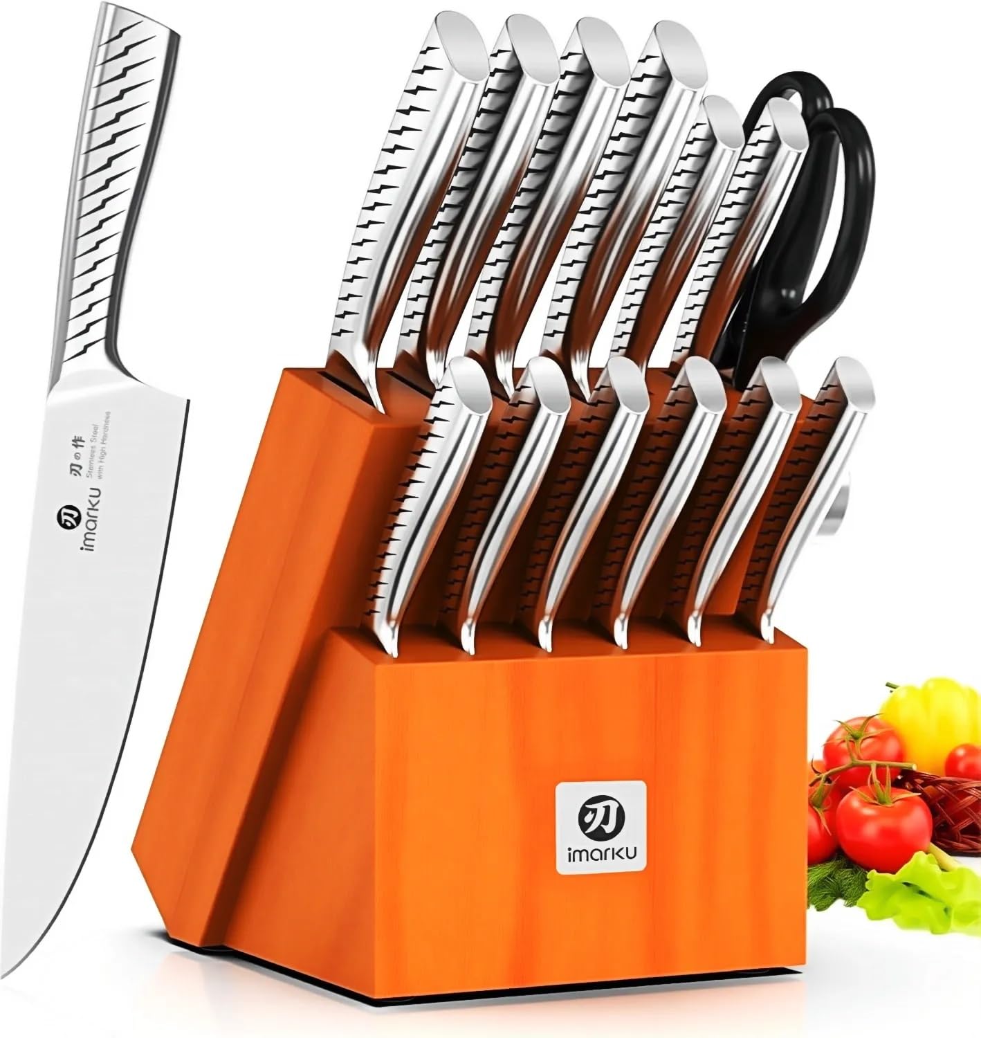 imarku® Knife Set,14-Piece Knife Sets for kitchen with block,Premium One-Piece Kitchen Knife Set with Sharpener,High Carbon Stainless Steel Knives Set for Kitchen,Silver,Dishwasher Safe